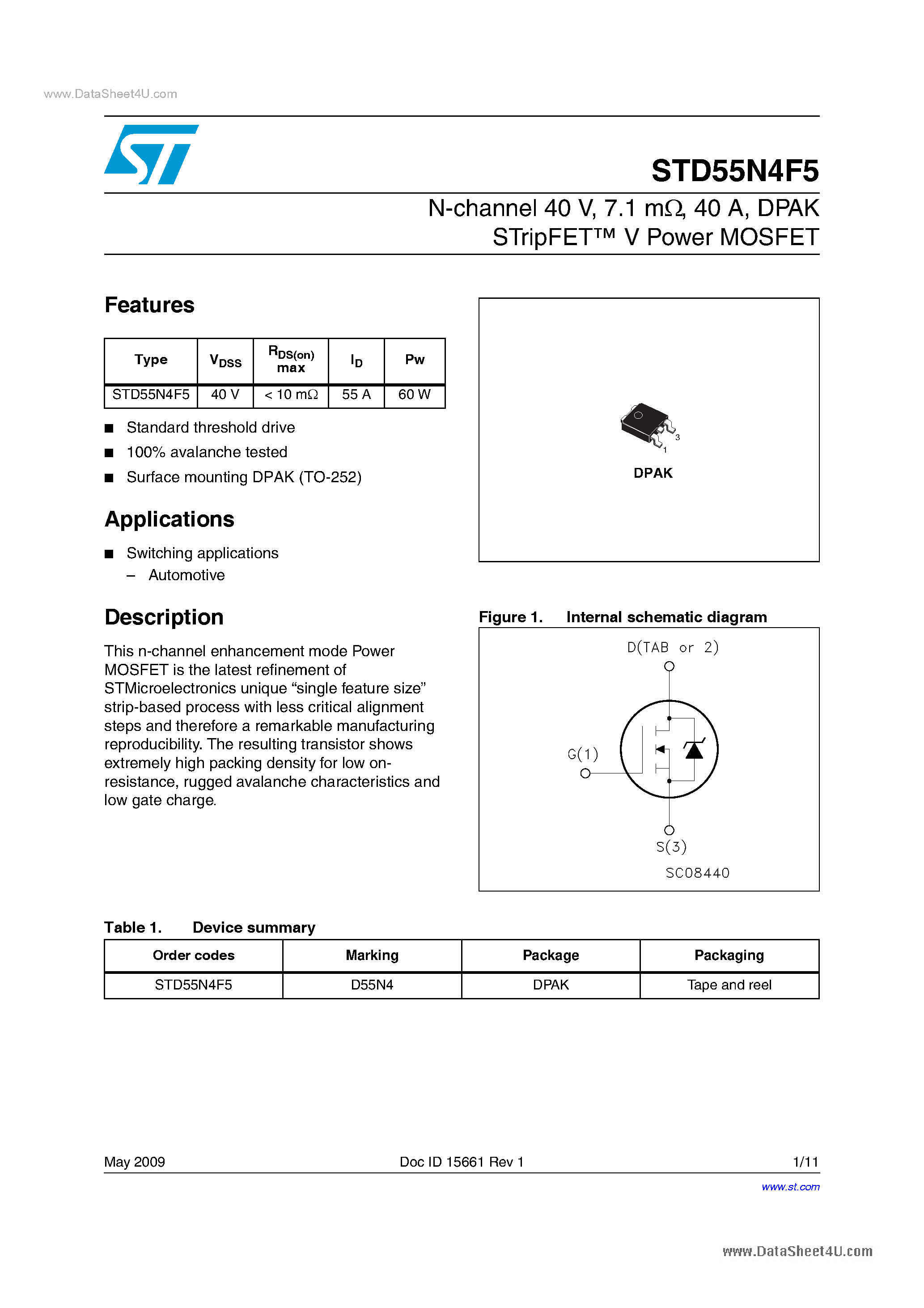 Datasheet STD55N4F5 - Power MOSFETs page 1
