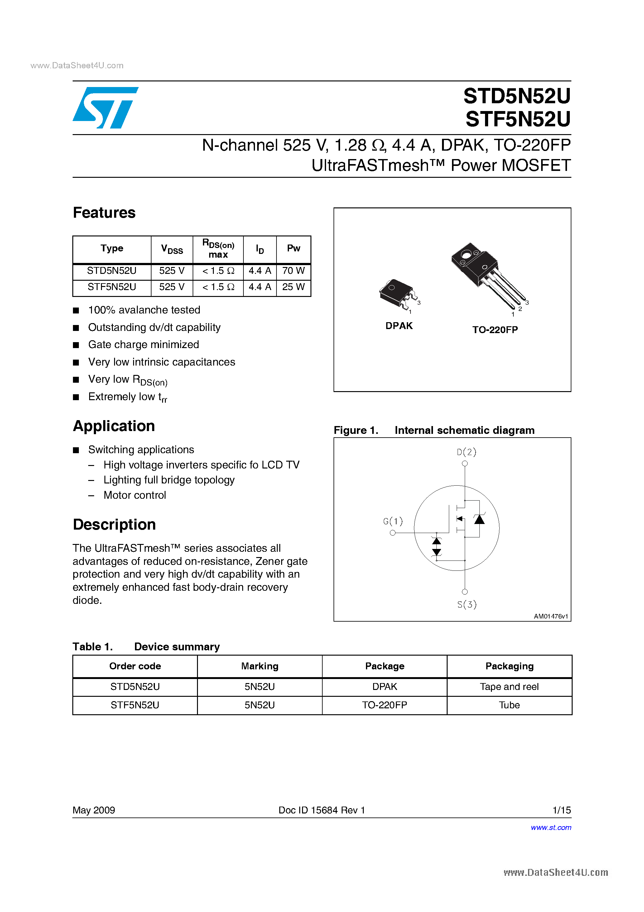 Datasheet STD5N52U - Power MOSFETs page 1