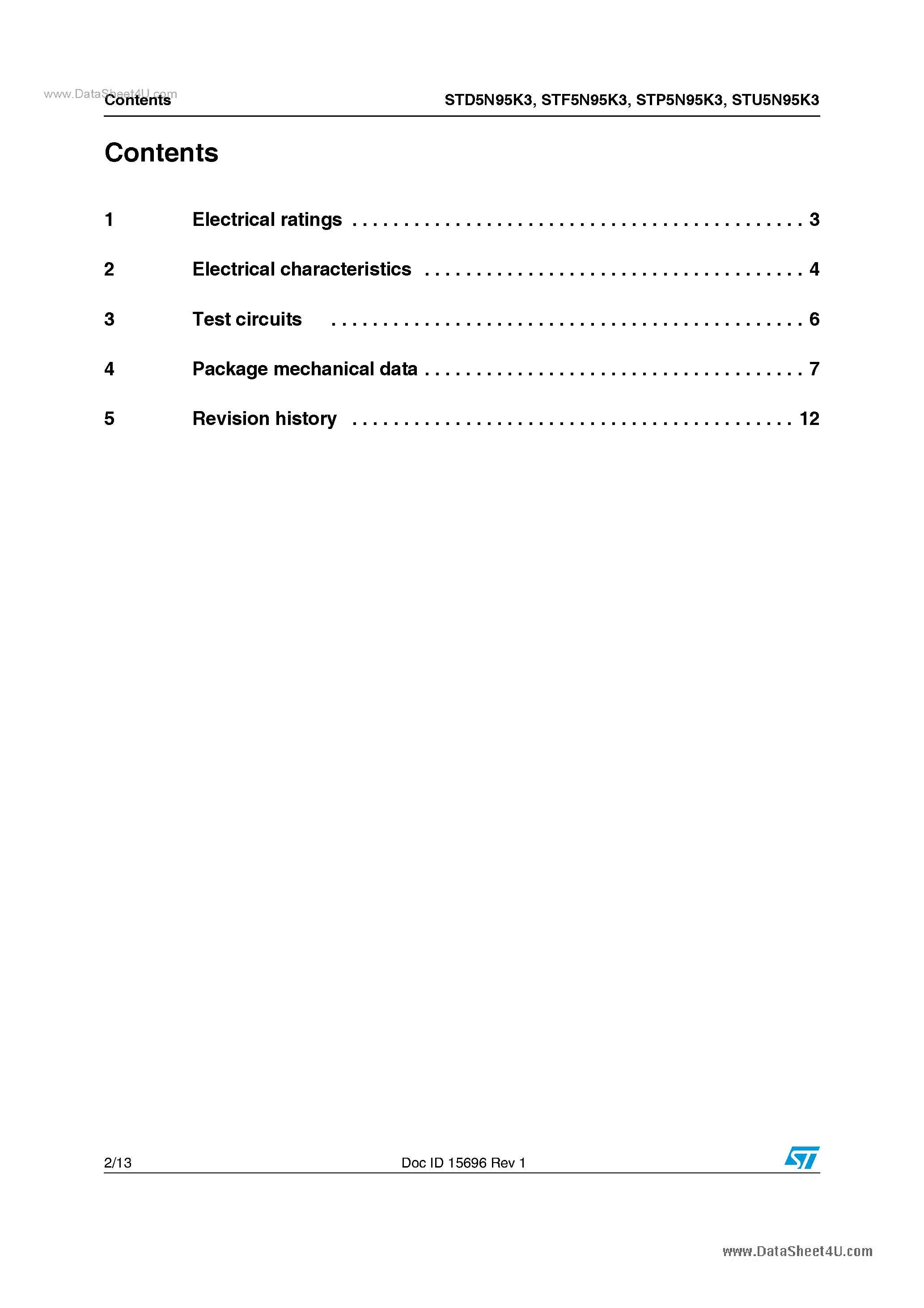 Datasheet STD5N95K3 page 2 Datasheet STD5N95K3 - Power MOSFETs page 2