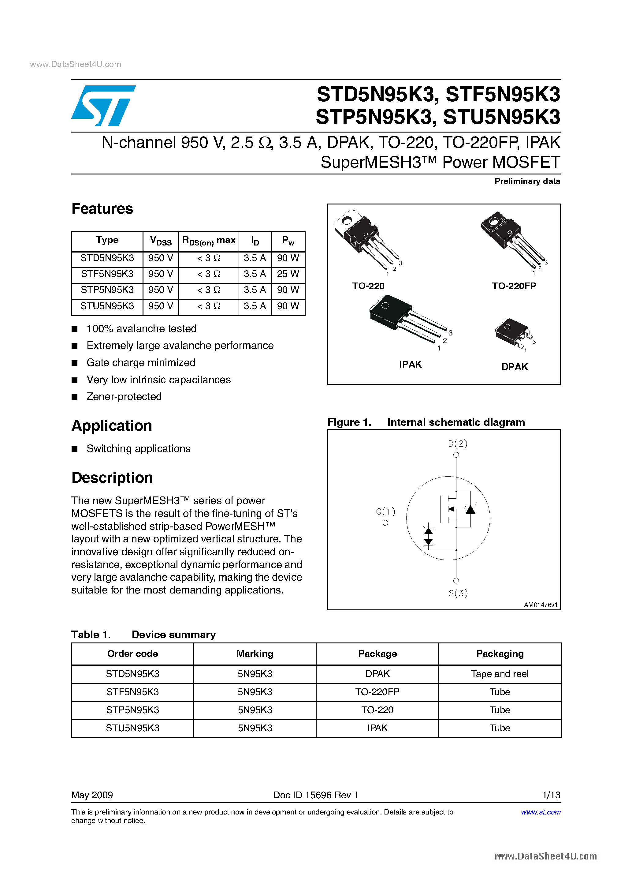 Даташит STU5N95K3 - Power MOSFETs страница 1