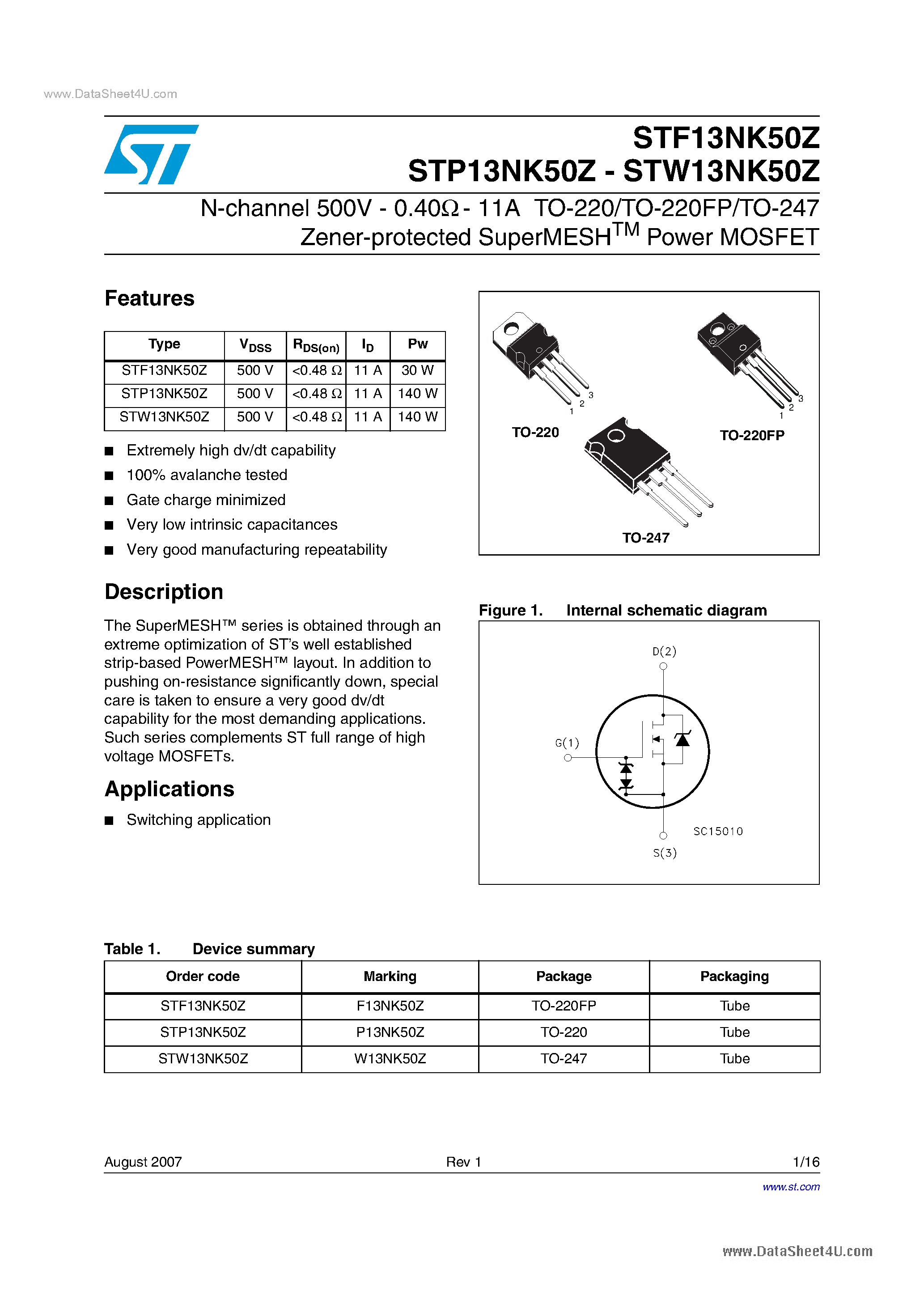Datasheet STP13NK50Z - Power MOSFETs page 1