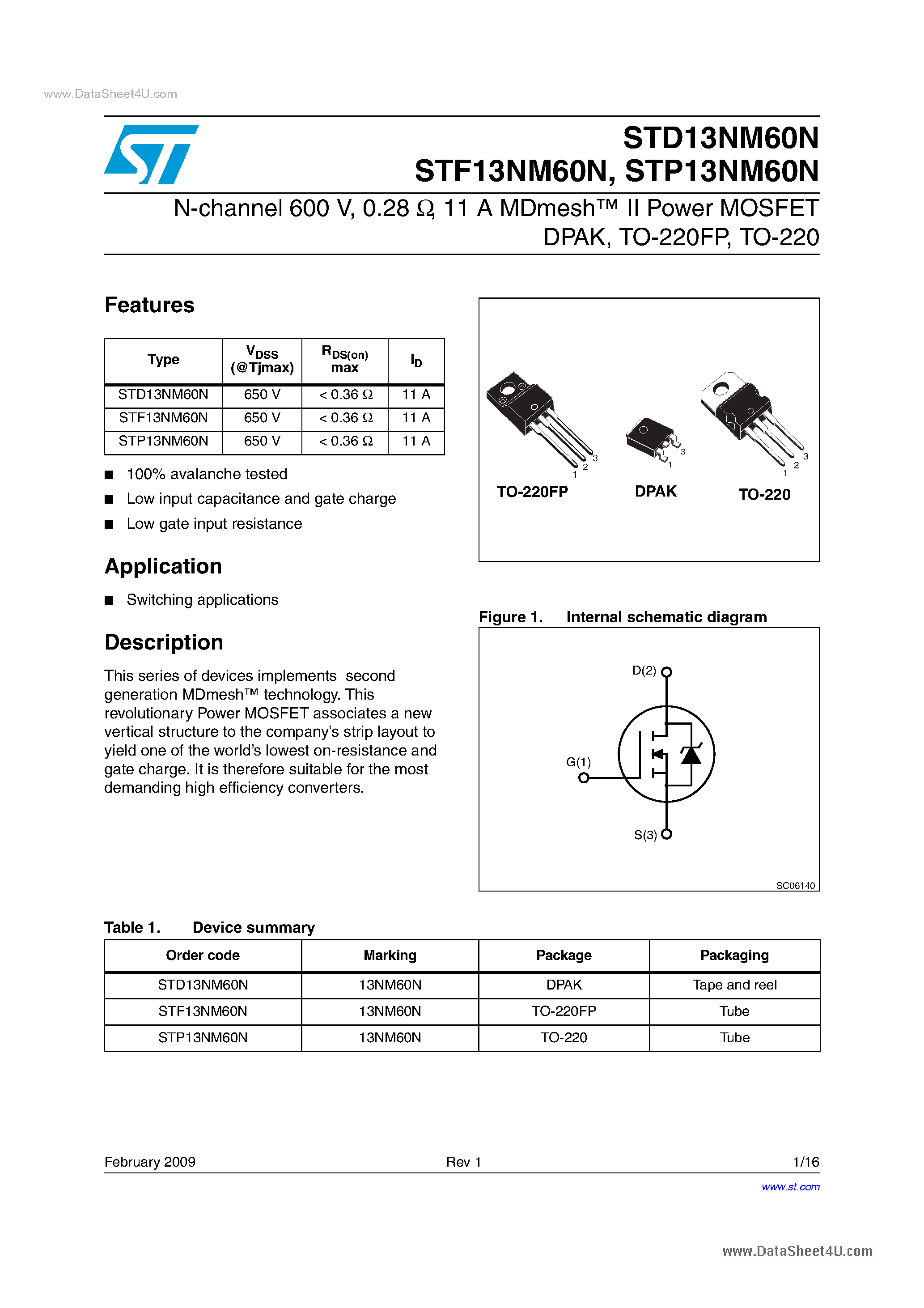 Datasheet STD13NM60N page 1 Datasheet STD13NM60N - Power MOSFETs page 1