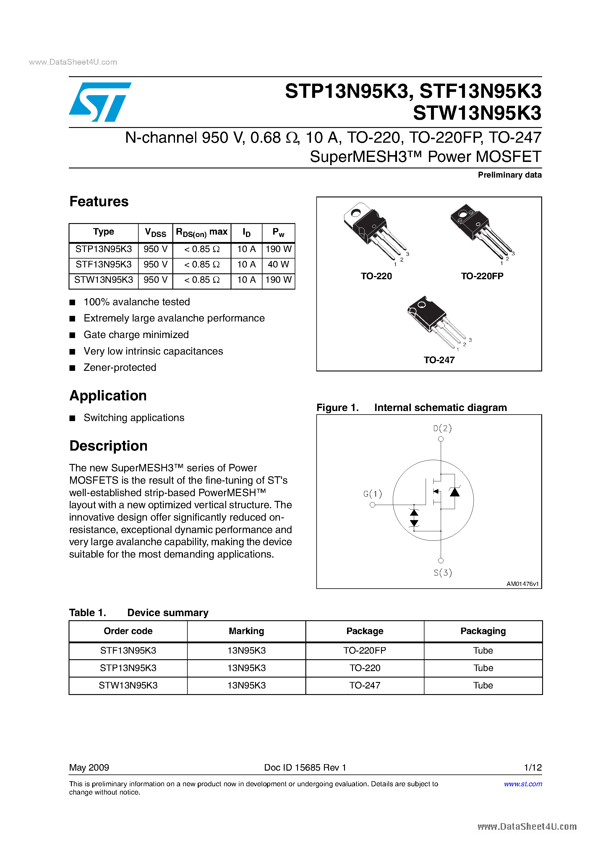 Datasheet STP13N95K3 - Power MOSFETs page 1