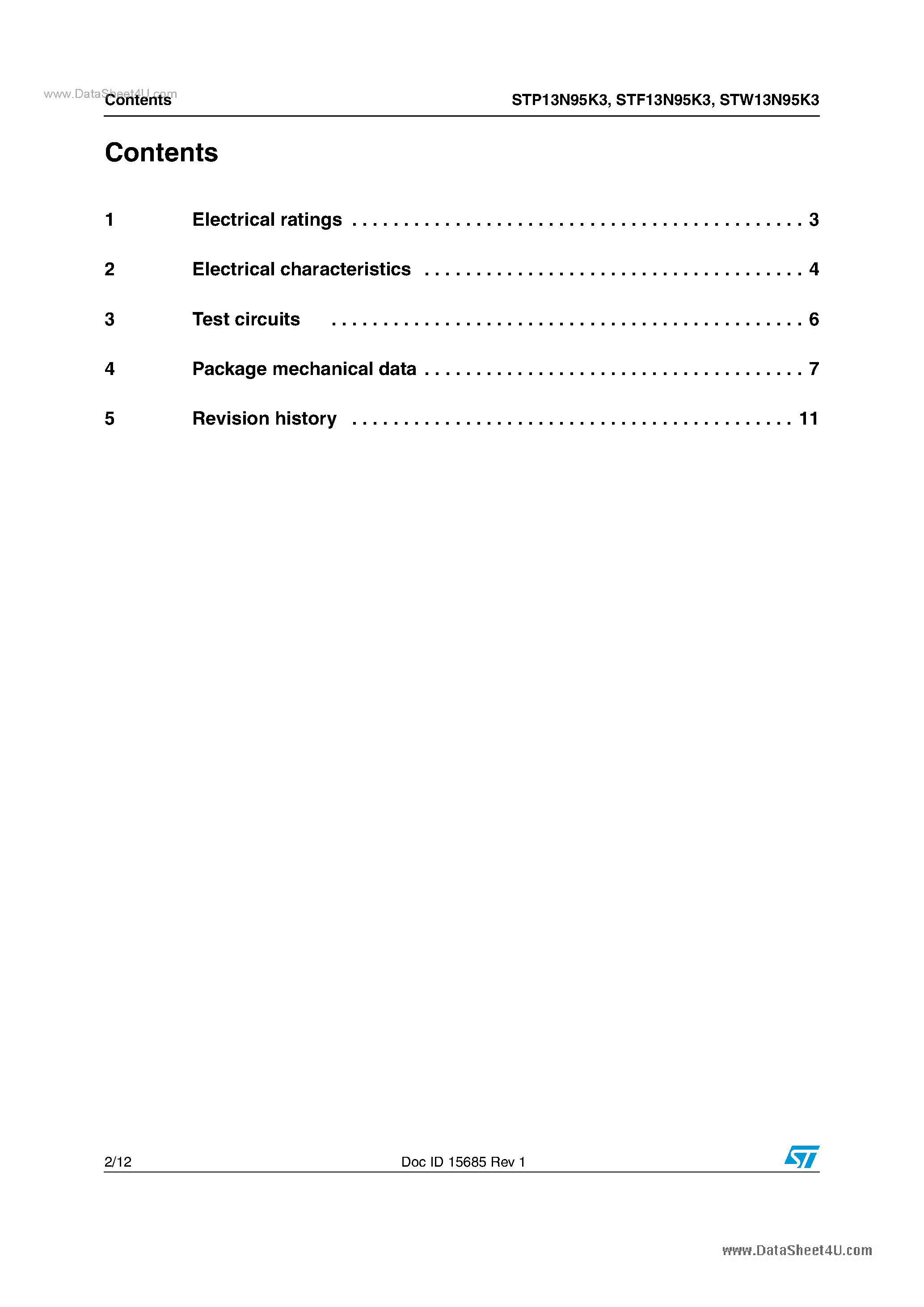 Datasheet STP13N95K3 page 2 Datasheet STP13N95K3 - Power MOSFETs page 2