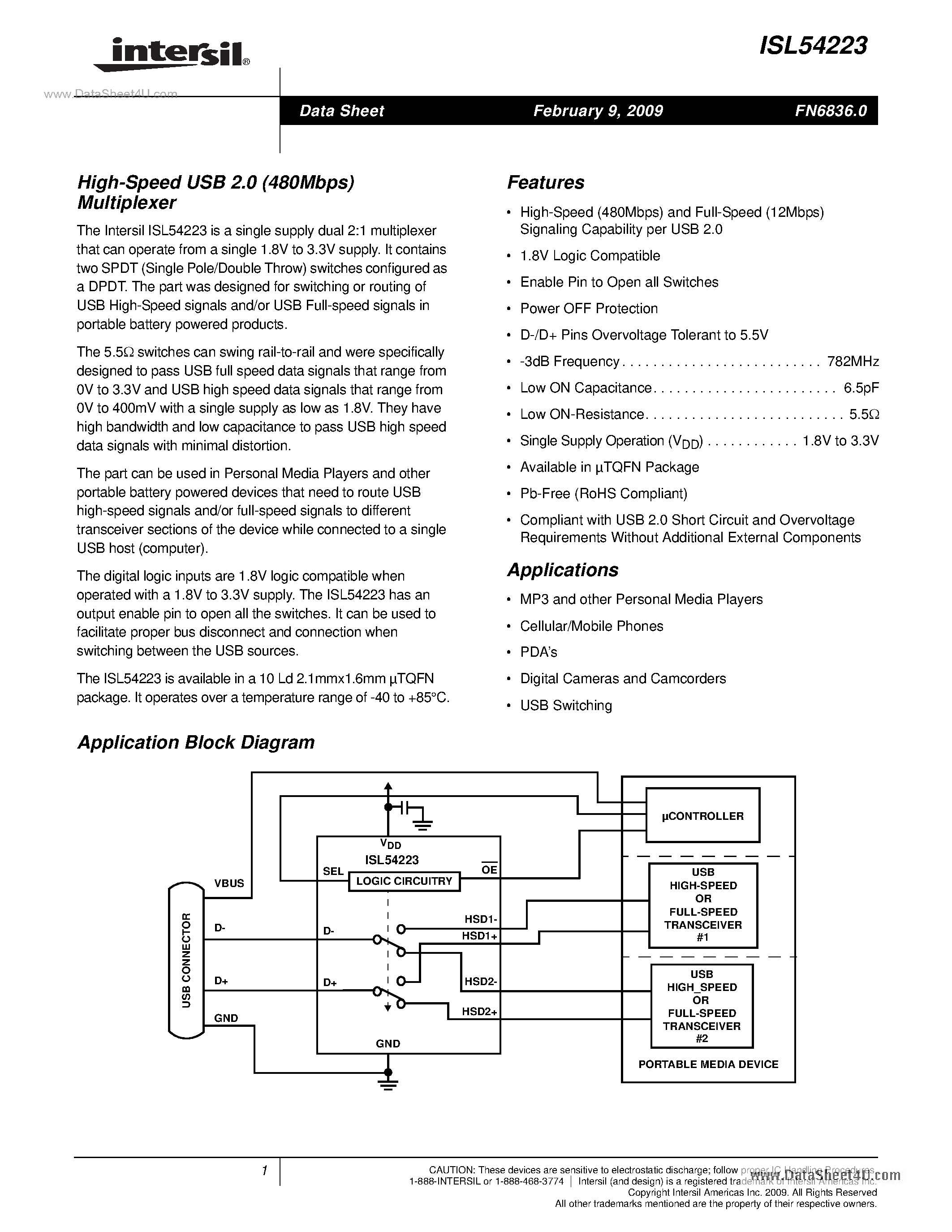 Datasheet ISL54223 - High-Speed USB 2.0 (480Mbps) Multiplexer page 1