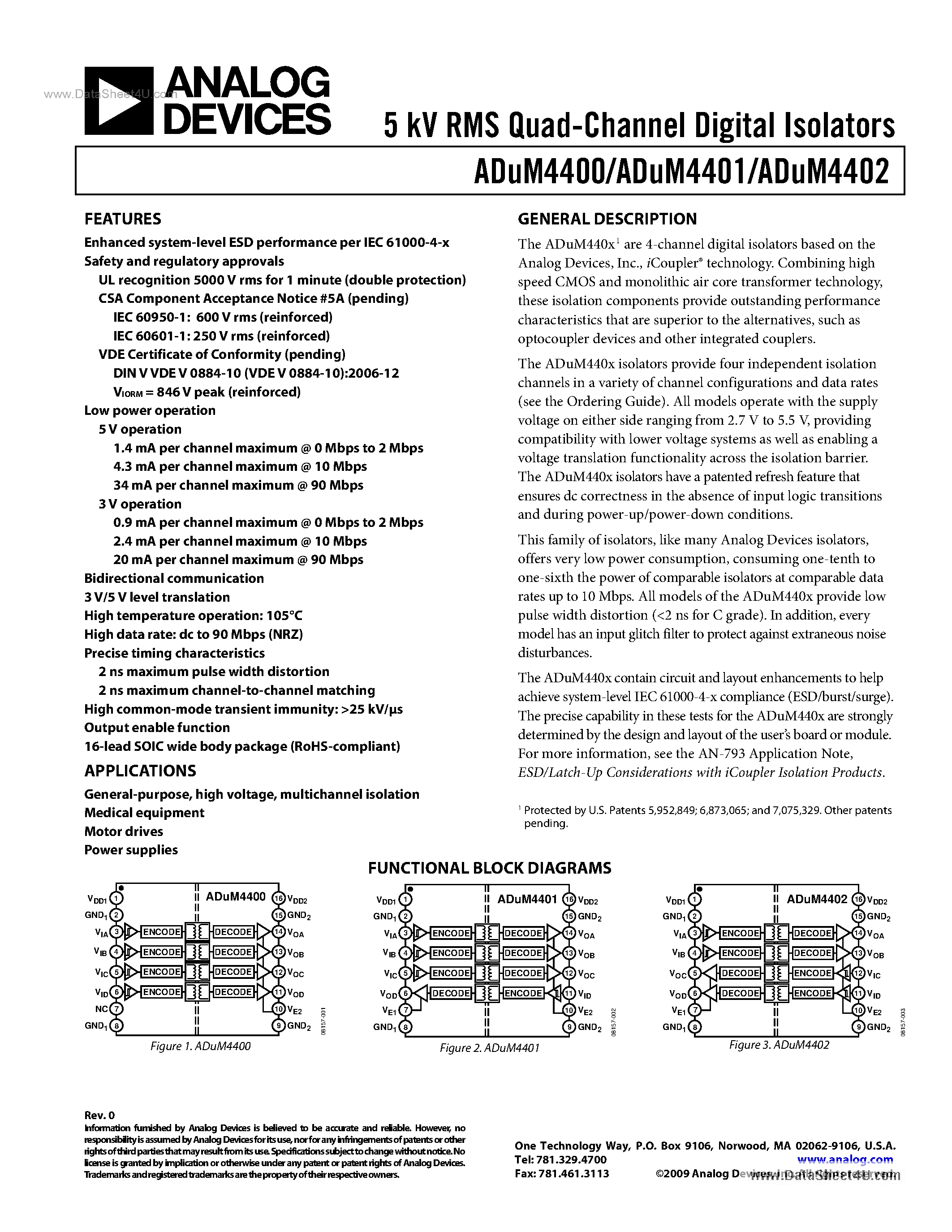 Datasheet ADUM4400 - (ADUM4400 - ADUM4402) 5 KV RMS Quad-Channel Digital Isolators page 1