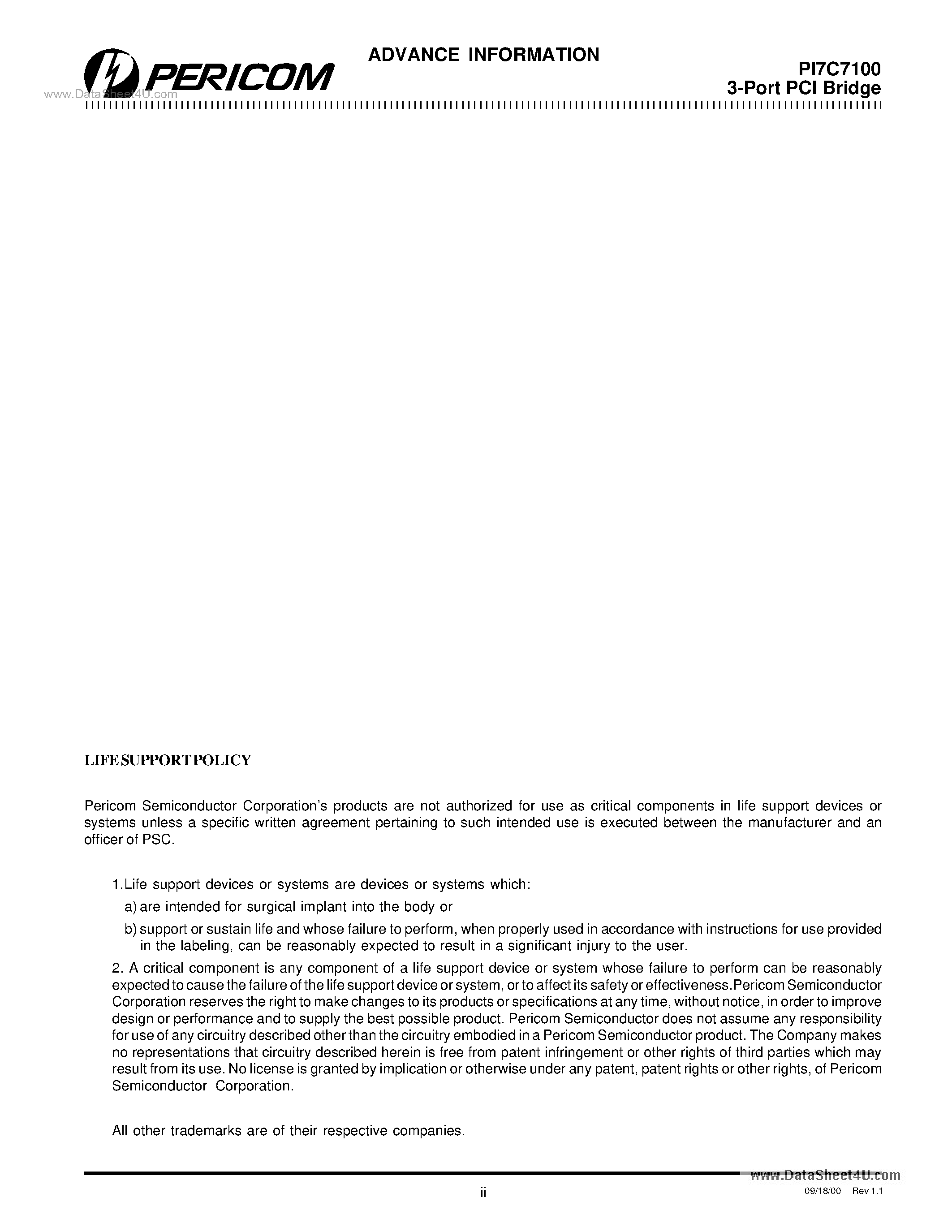 Datasheet PI7C7100 - 3-Port PCI Bridge page 2