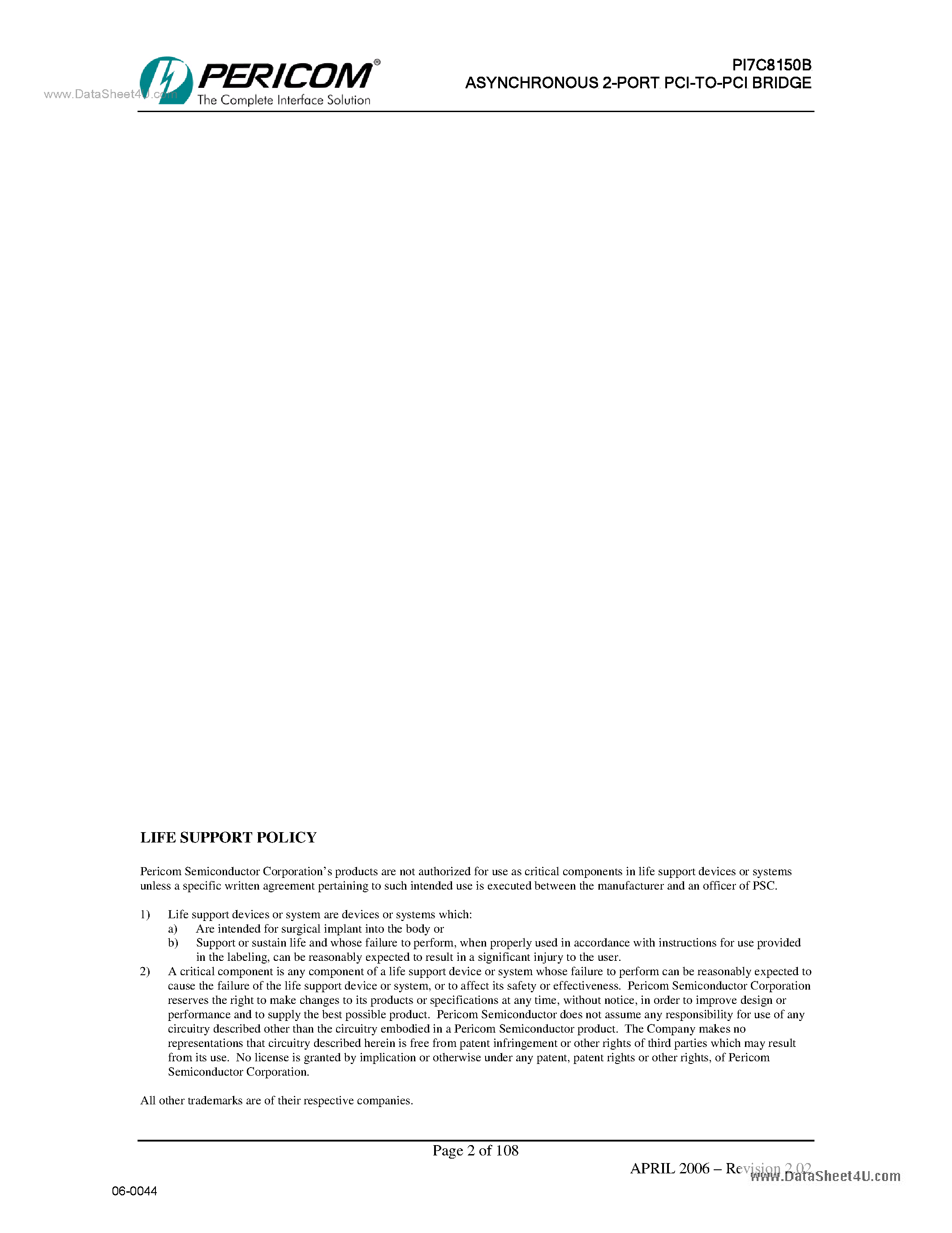 Datasheet PI7C8150B - ASYNCHRONOUS 2-PORT PCI-TO-PCI BRIDGE page 2
