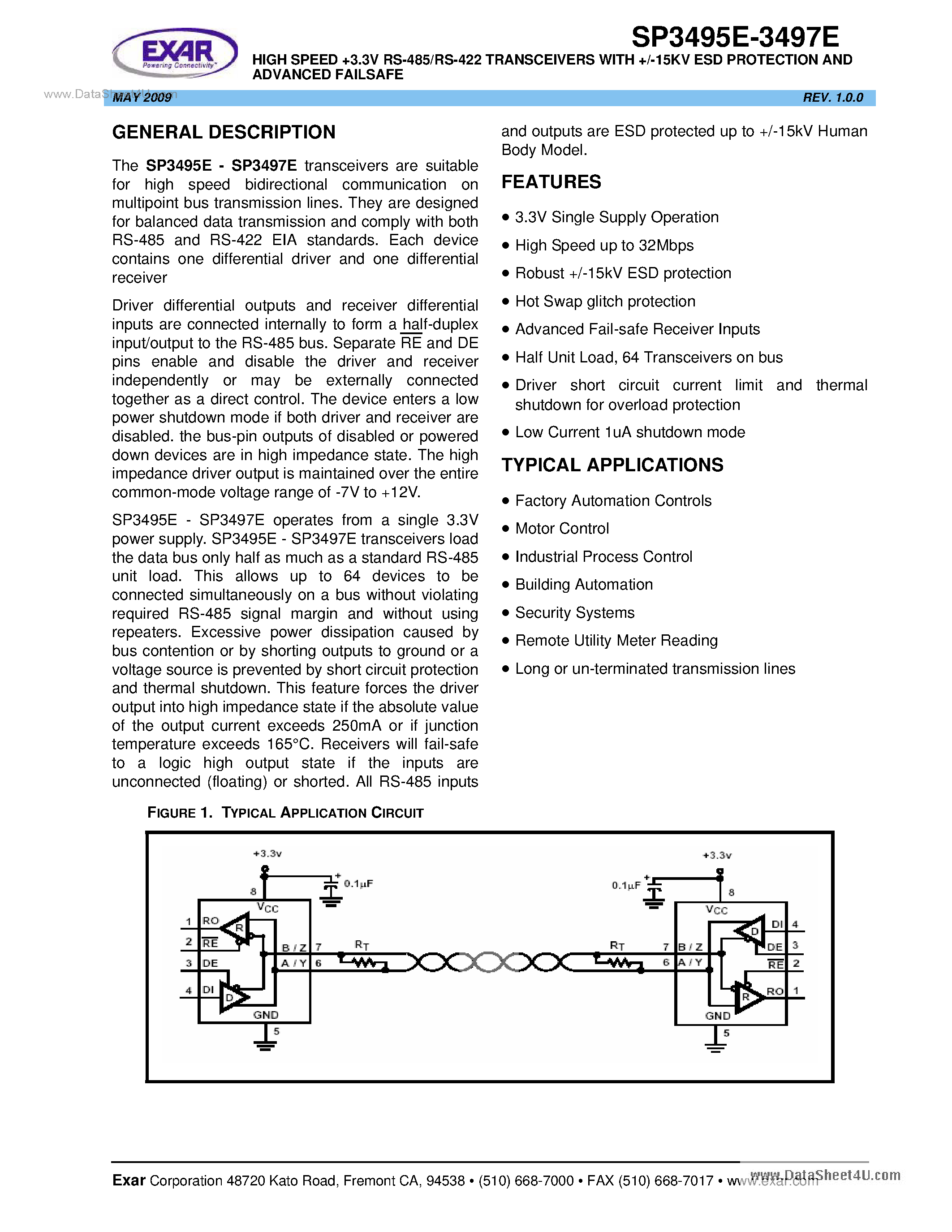 Datasheet SP3495E - (SP3495E - SP3497E) 3.3V High Speed RS-485/RS-422 Transceivers page 1