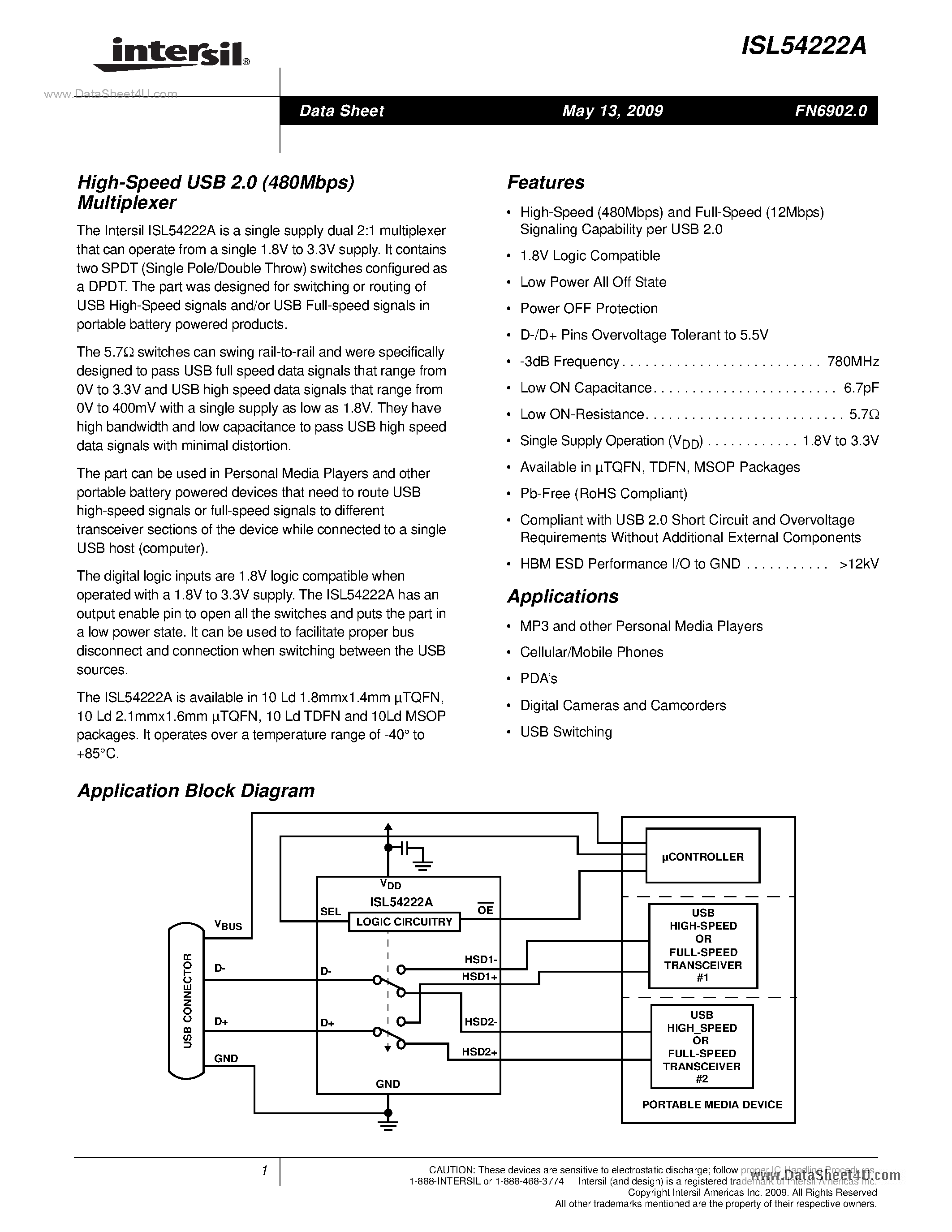 Datasheet ISL54222A - High-Speed USB 2.0 (480Mbps) Multiplexer page 1