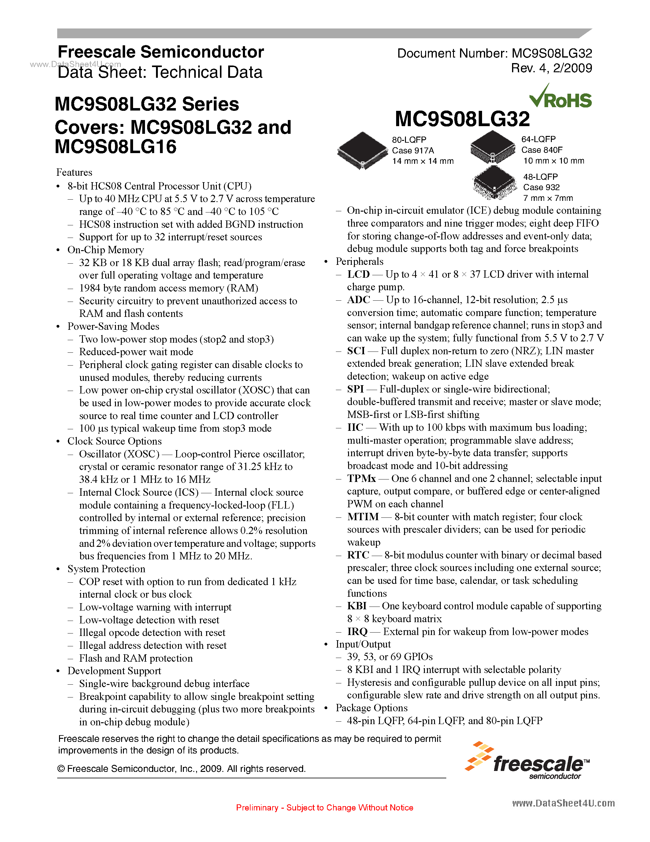 Datasheet MC9S08LG16 page 1 Datasheet MC9S08LG16 - (MC9S08LG16 / MC9S08LG32) 8-bit HCS08 Central Processor Unit page 1