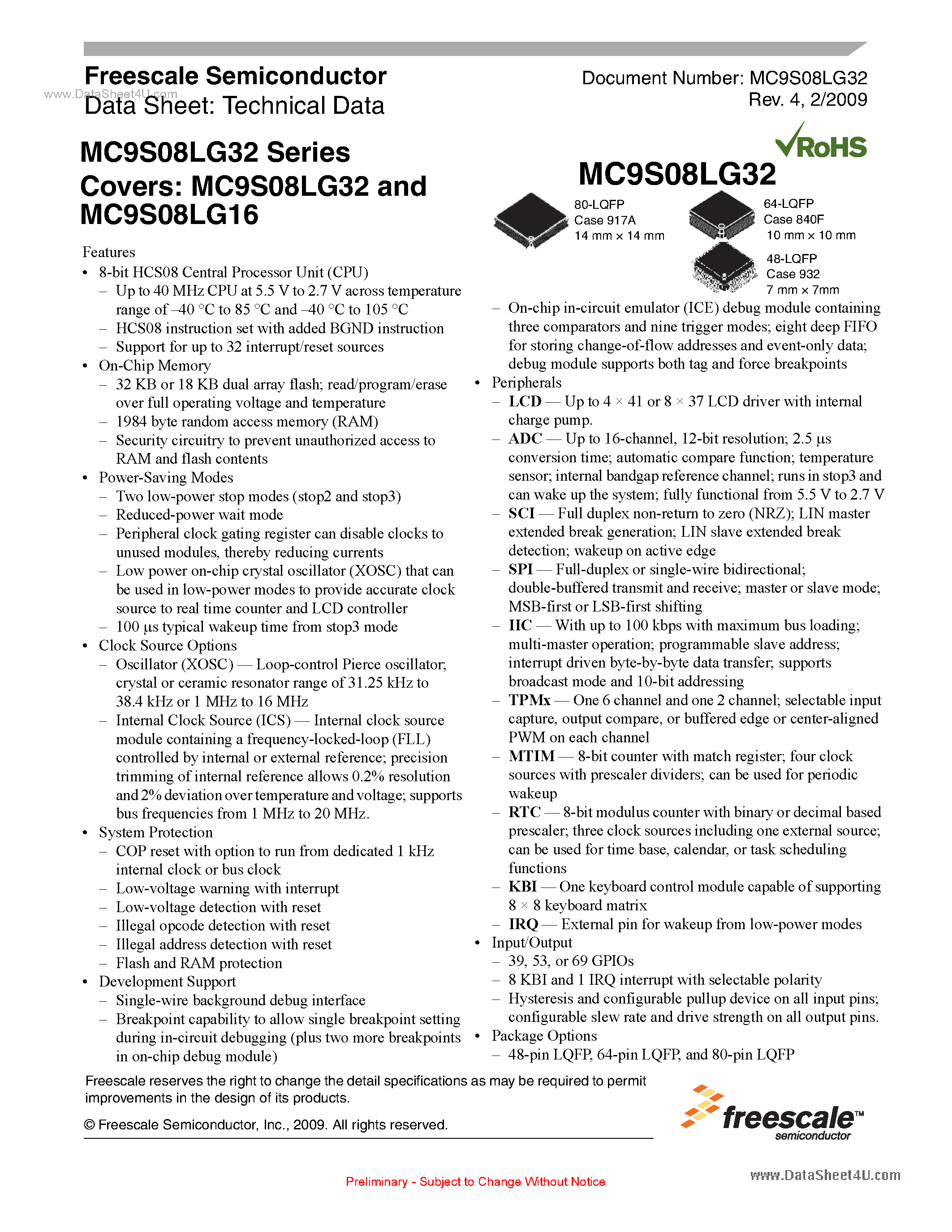 Datasheet MC9S08LG16 - (MC9S08LG16 / MC9S08LG32) 8-bit HCS08 Central Processor Unit page 1