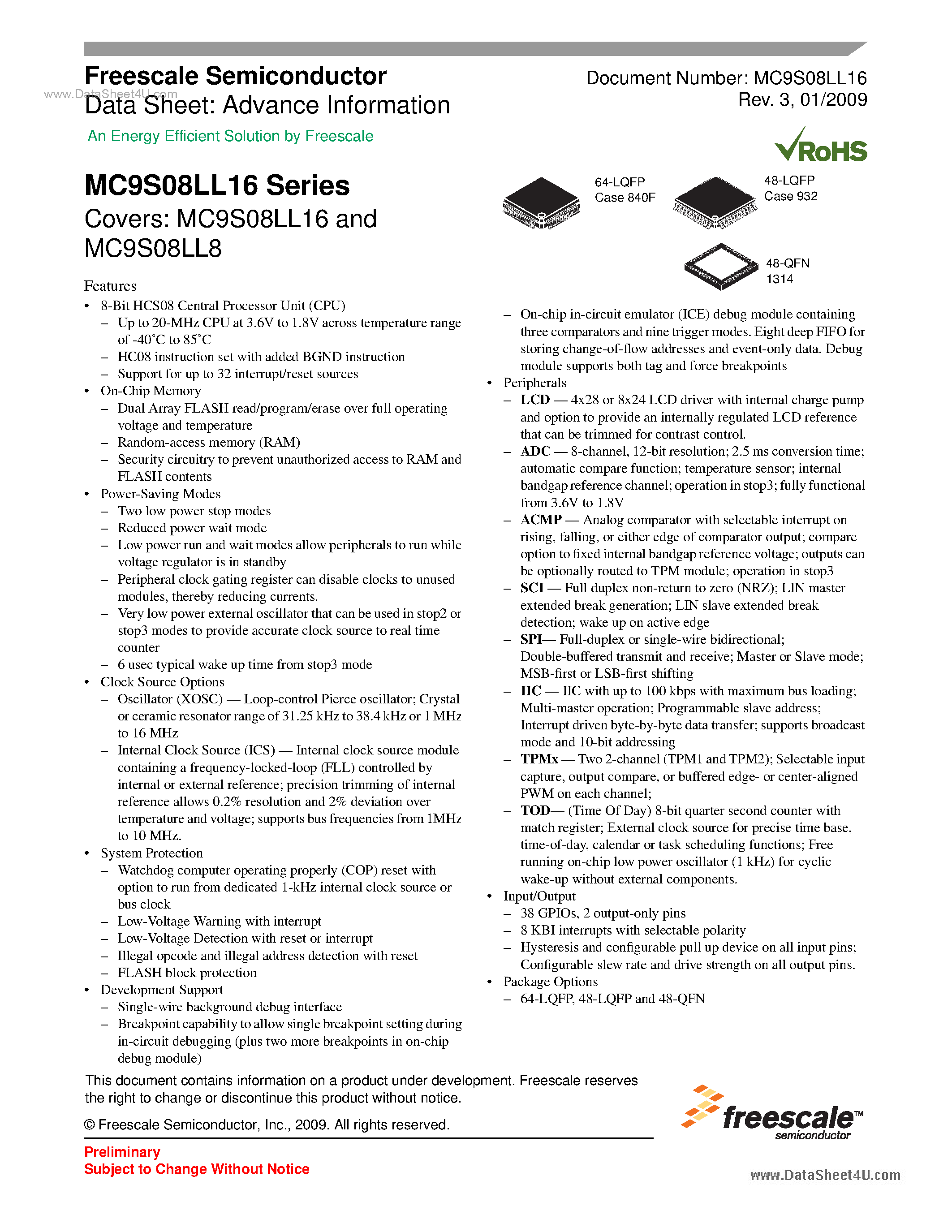 Даташит MC9S08LL16 - (MC9S08LL8 / MC9S08LL16) 8-bit HCS08 Central Processor Unit страница 1