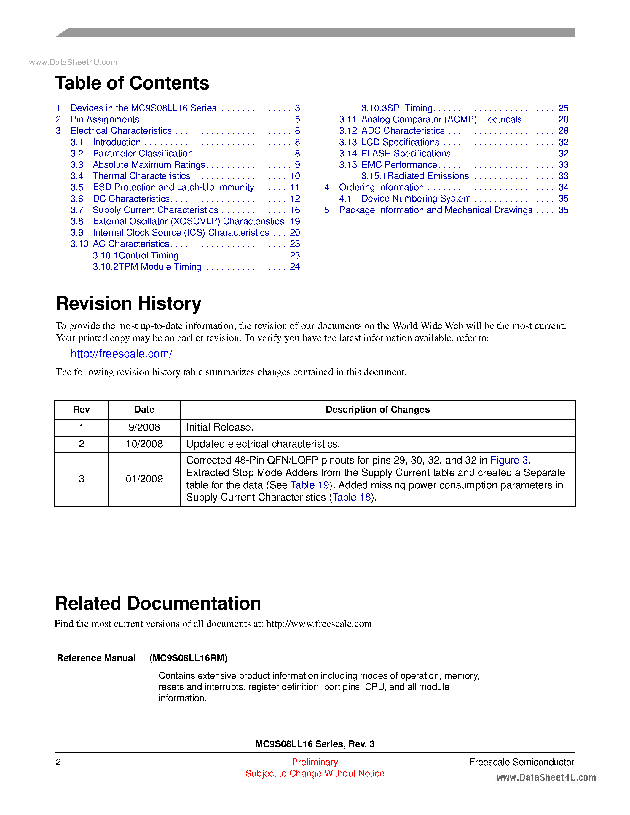 Даташит MC9S08LL16 - (MC9S08LL8 / MC9S08LL16) 8-bit HCS08 Central Processor Unit страница 2