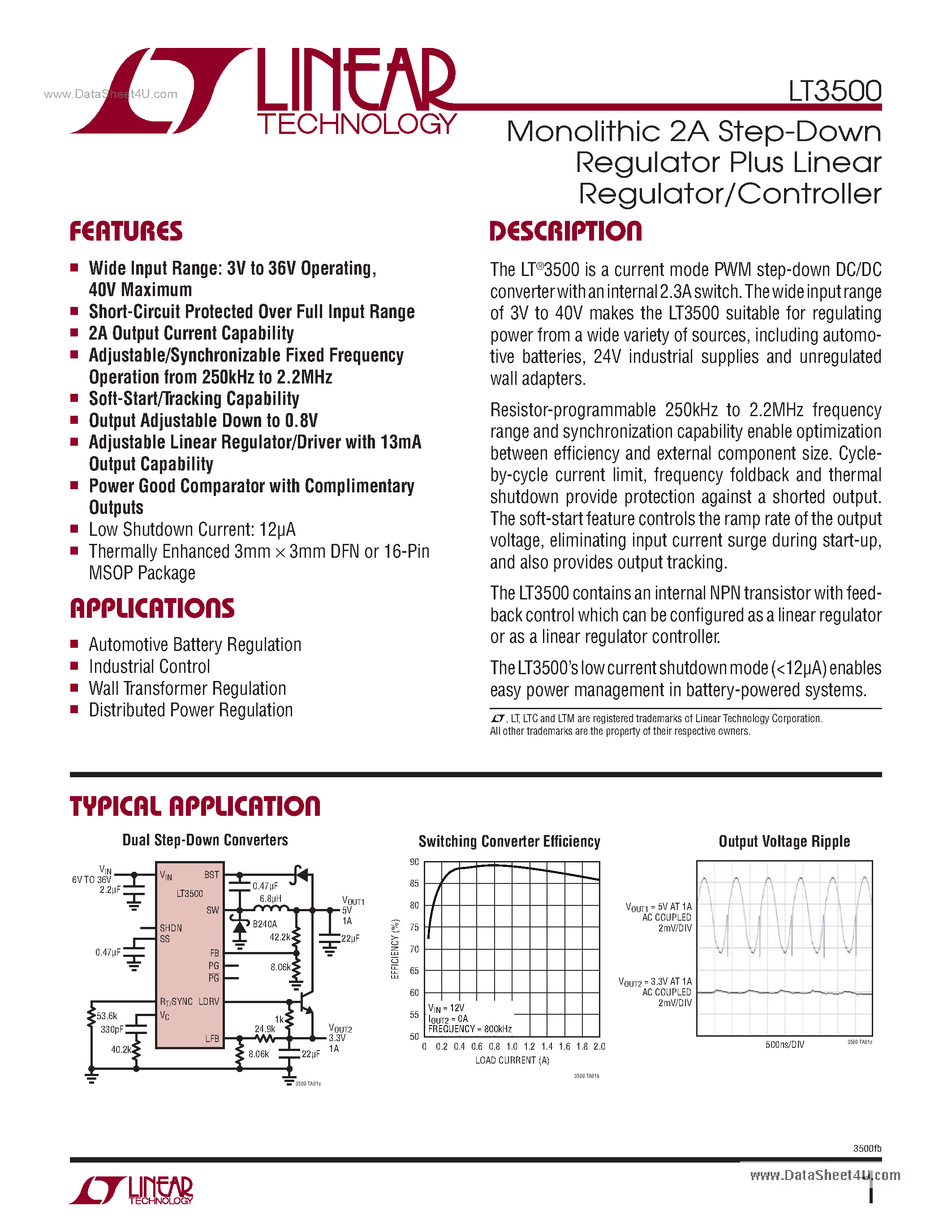 Datasheet LT3500 page 1 Datasheet LT3500 - Monolithic 2A Step-Down Regulator Plus Linear Regulator/Controller page 1