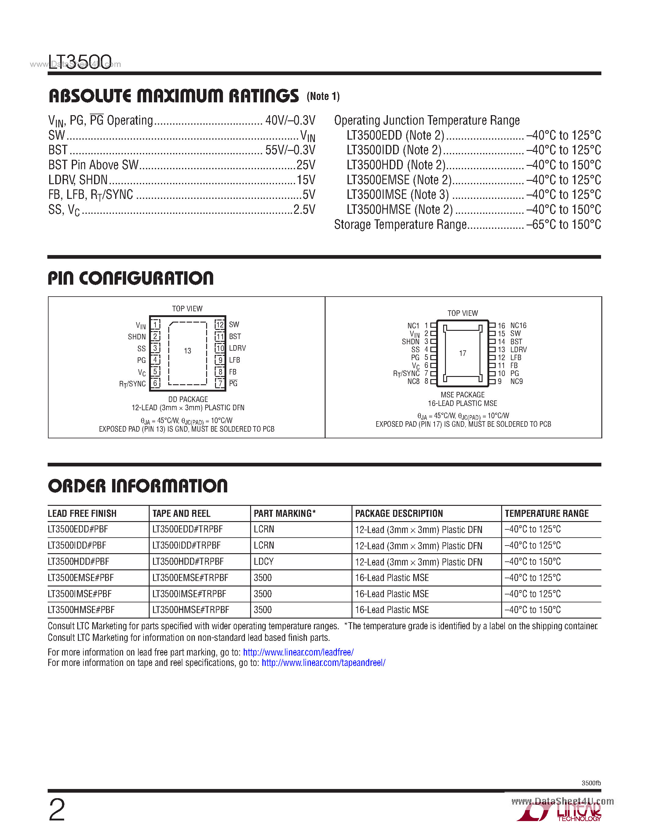 Datasheet LT3500 page 2 Datasheet LT3500 - Monolithic 2A Step-Down Regulator Plus Linear Regulator/Controller page 2