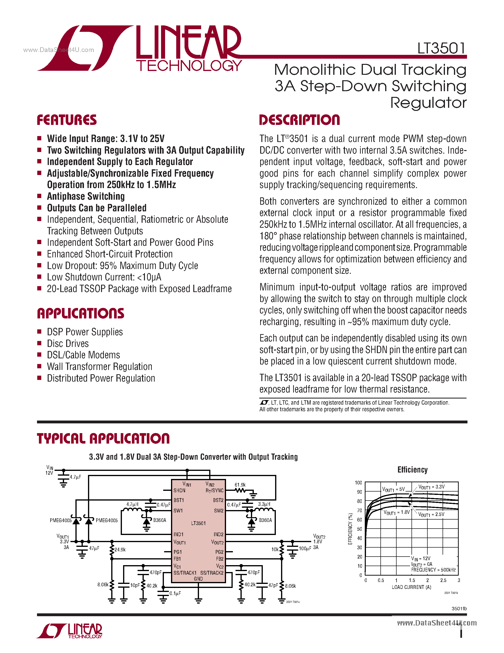 Datasheet LT3501 page 1 Datasheet LT3501 - Monolithic Dual Tracking 3A Step-Down Switching Regulator page 1