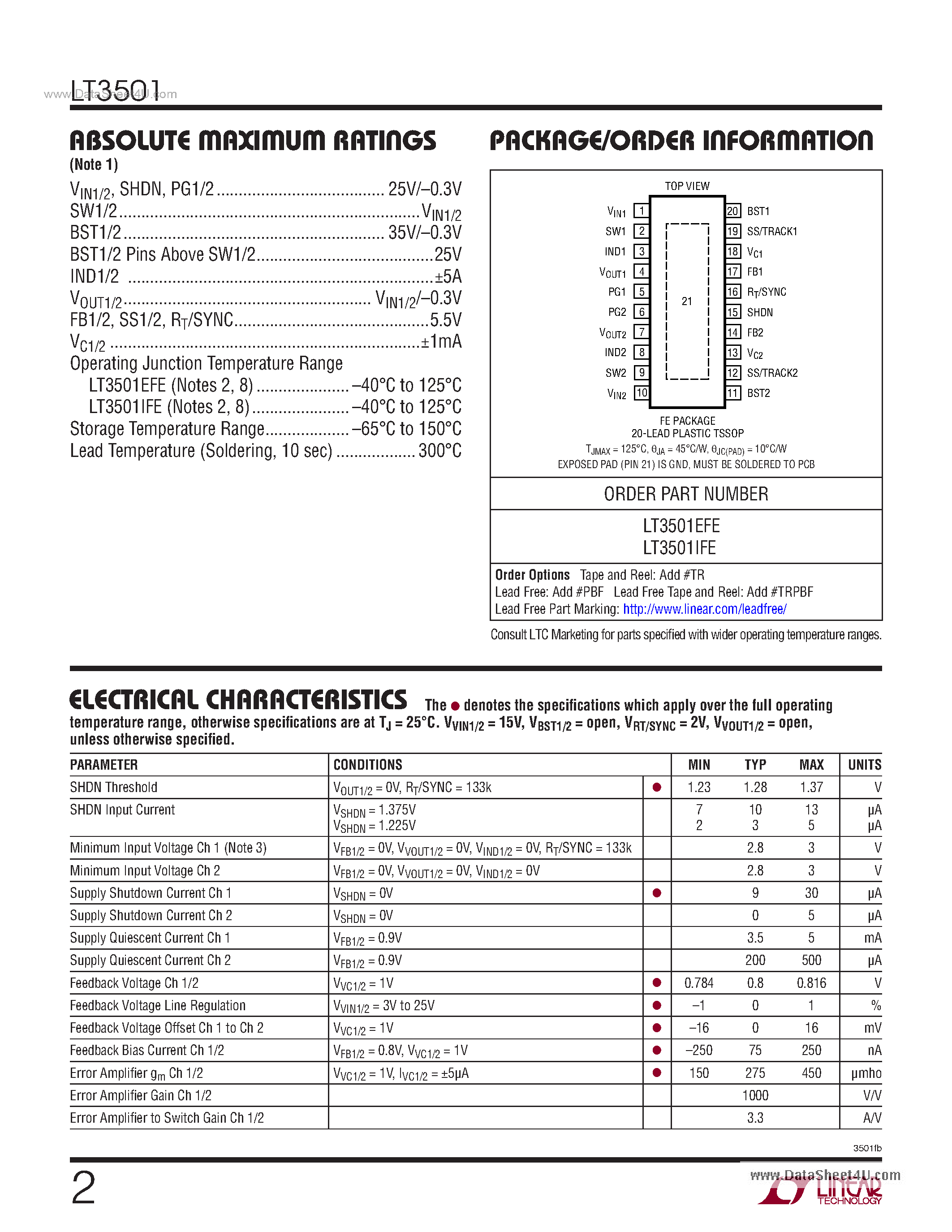 Datasheet LT3501 page 2 Datasheet LT3501 - Monolithic Dual Tracking 3A Step-Down Switching Regulator page 2