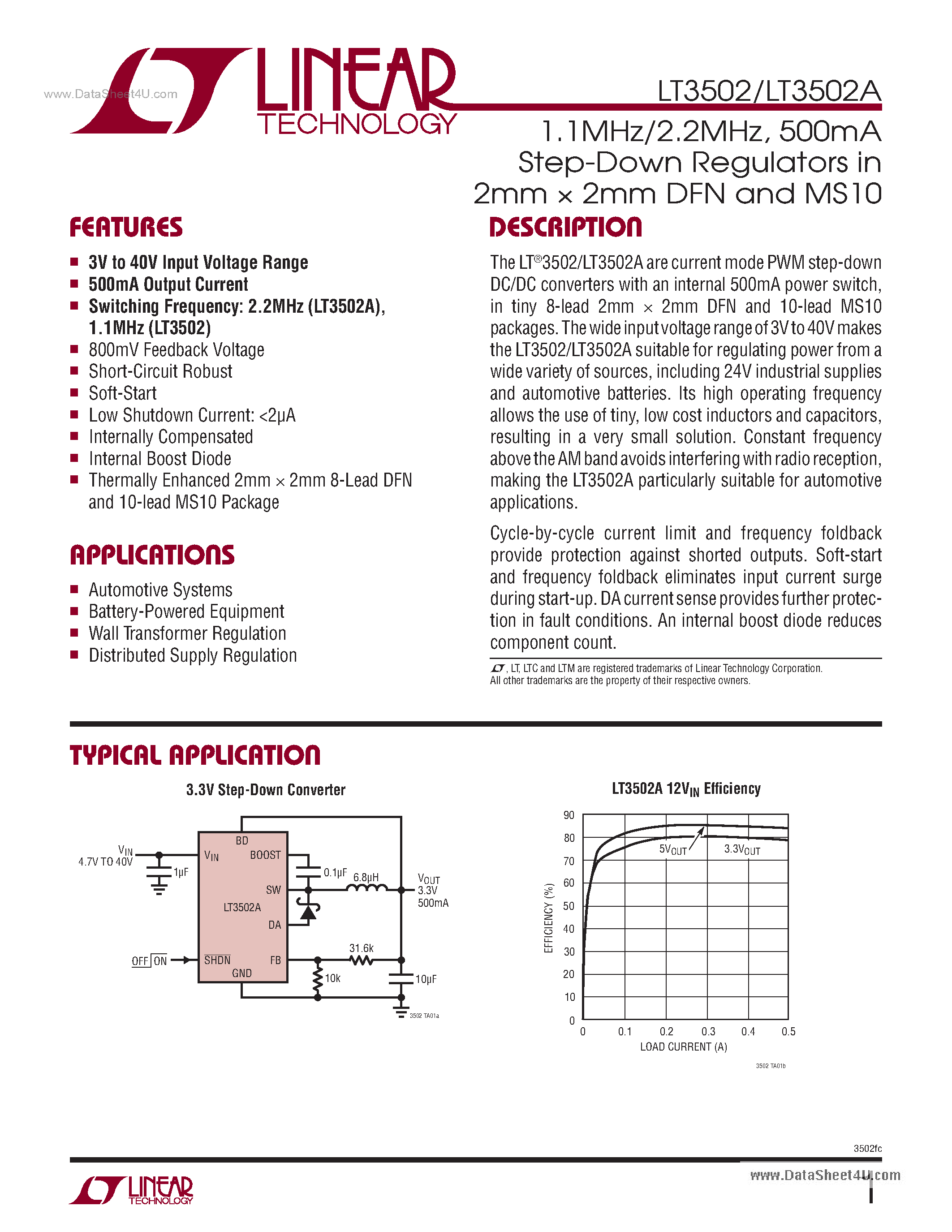 Datasheet LT3502 - 1.1MHz/2.2MHz 500mA Step-Down Regulators page 1