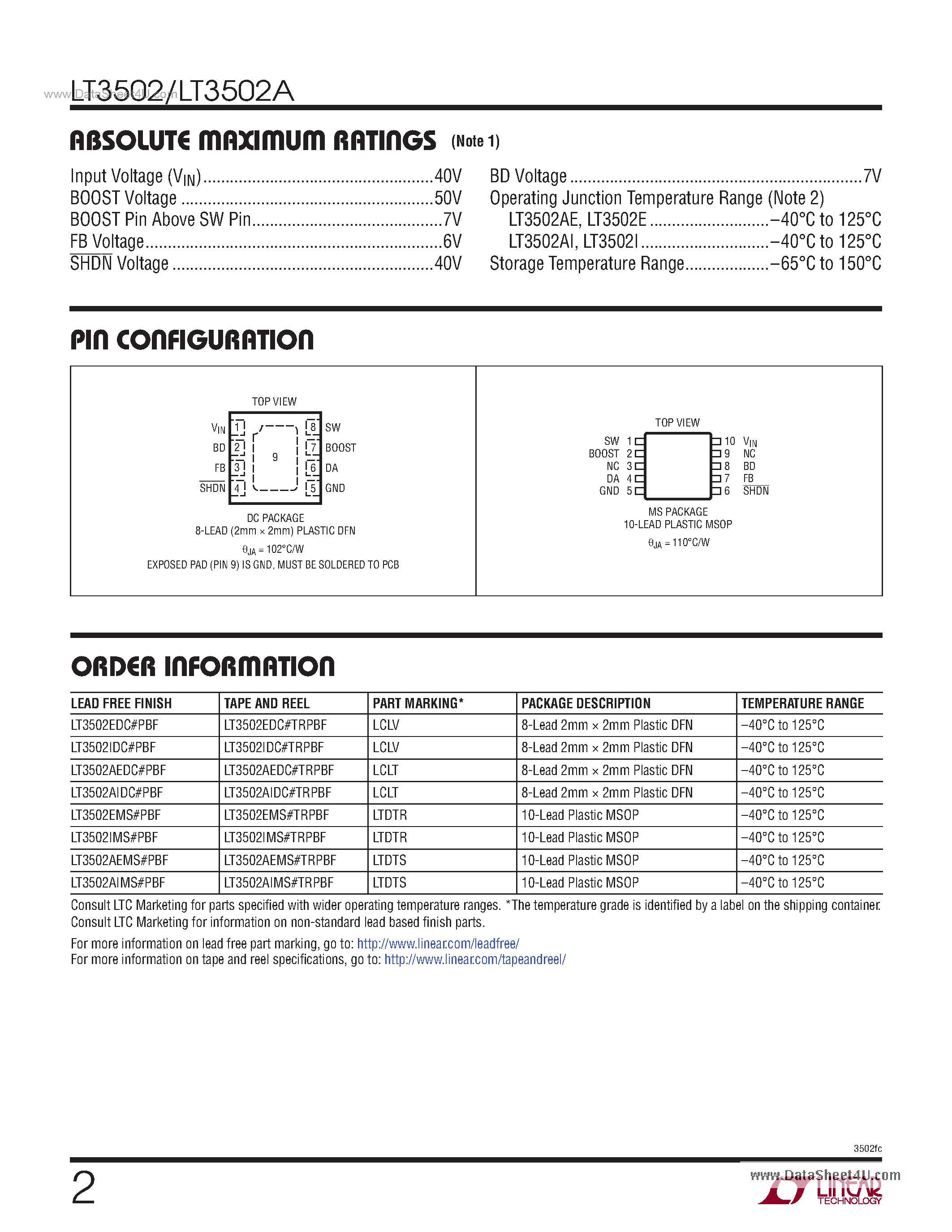 Datasheet LT3502 - 1.1MHz/2.2MHz 500mA Step-Down Regulators page 2