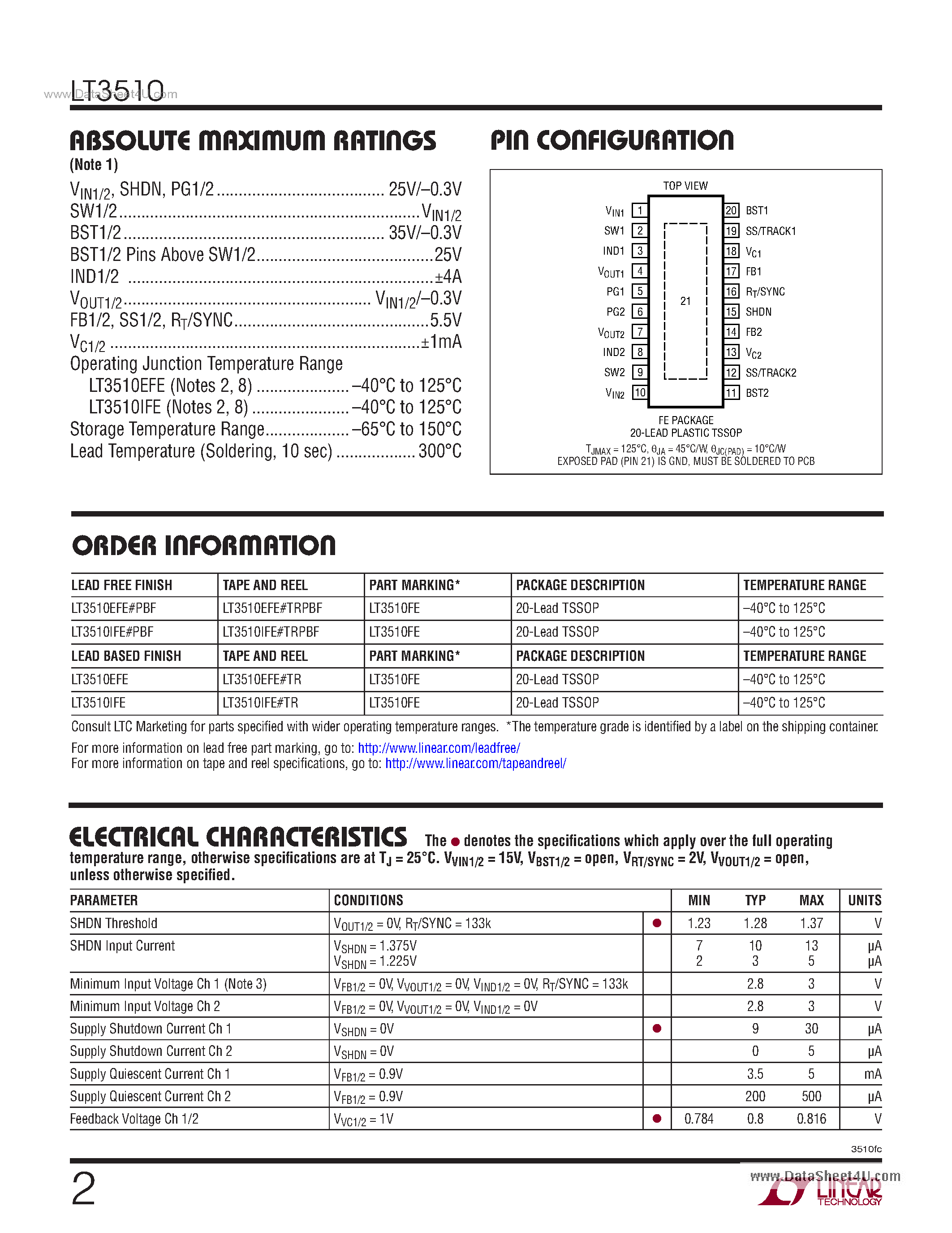 Datasheet LT3510 page 2 Datasheet LT3510 - Monolithic Dual Tracking 2A Step-Down Switching Regulator page 2