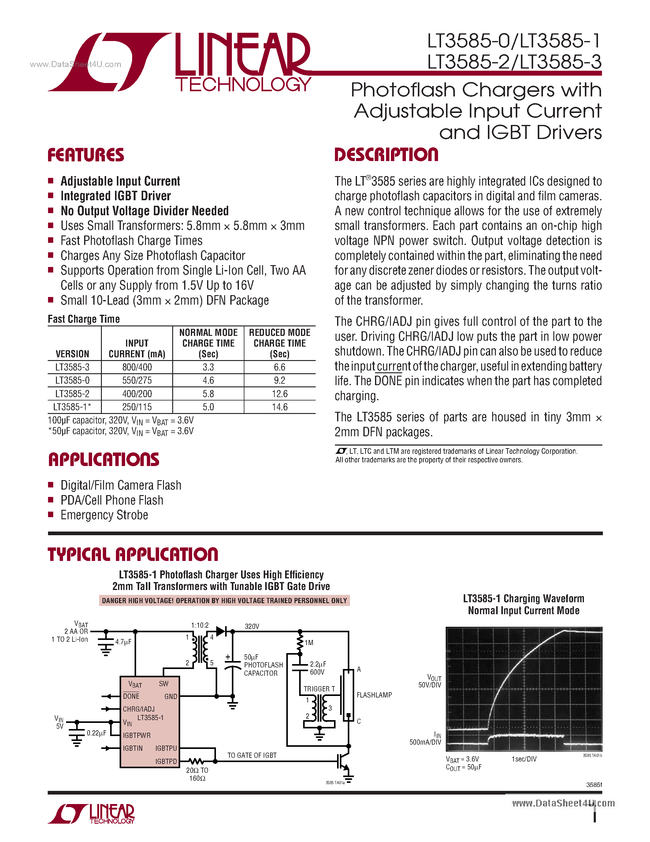 Datasheet LT3585-0 - (LT3585-x) Photoflash Chargers page 1