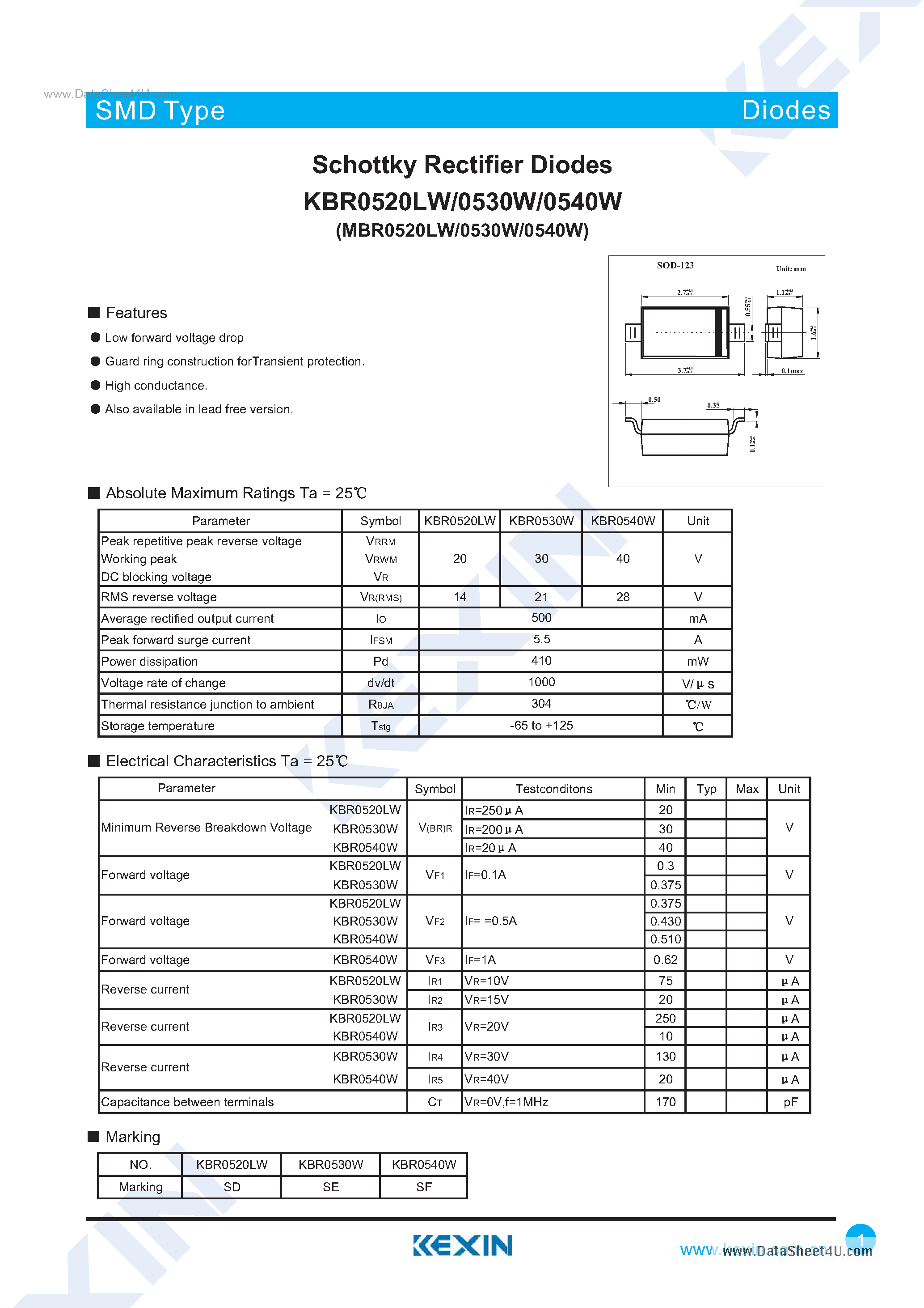 Даташит KBR0520LW - (KBR05x0LW) Schottky Rectifier Diodes страница 1