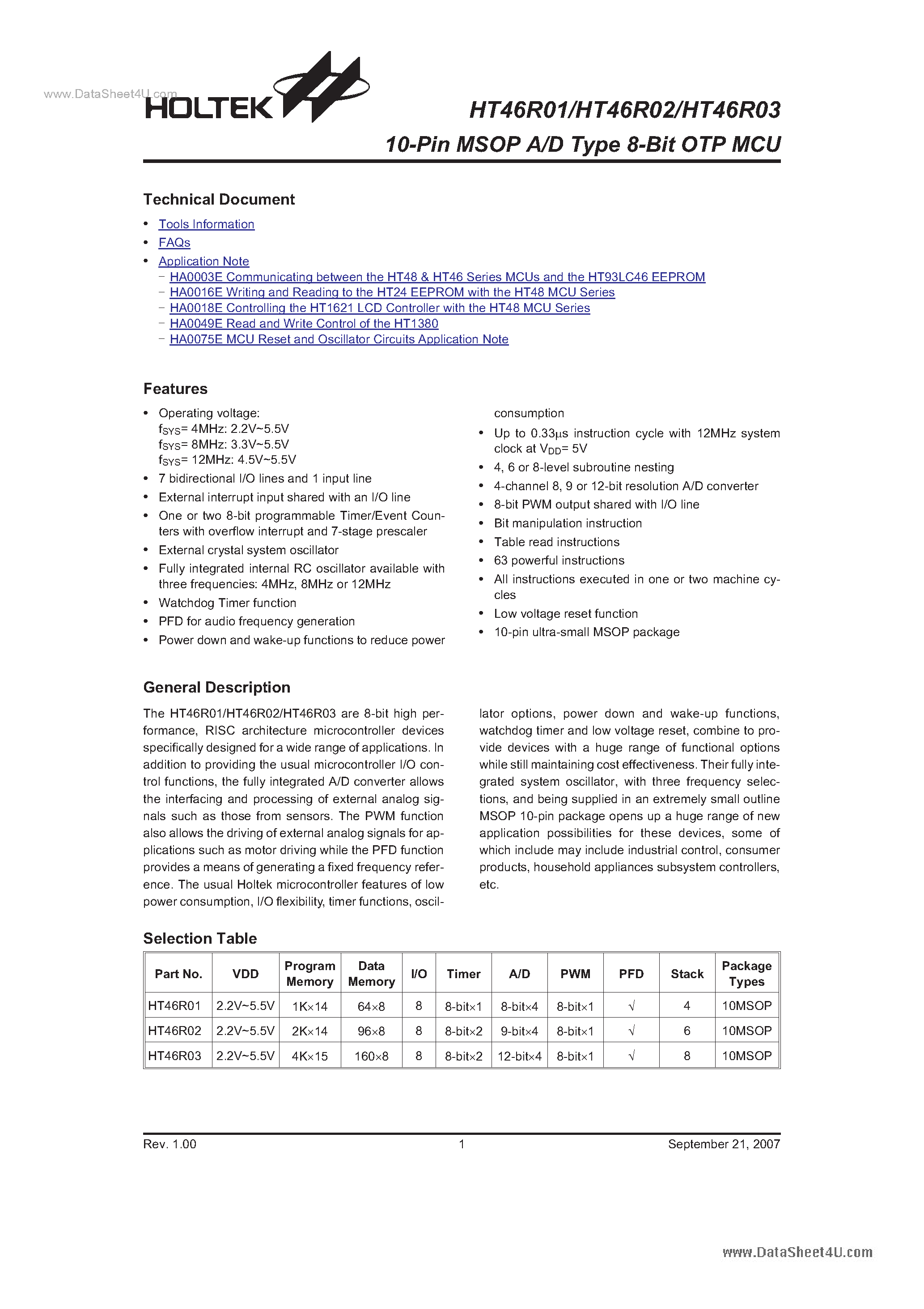 Даташит на микросхему HT46R02 страница 1 Даташит HT46R02 - (HT46R01 - HT46R03) 10-Pin MSOP A/D Type 8-Bit OTP MCU страница 1
