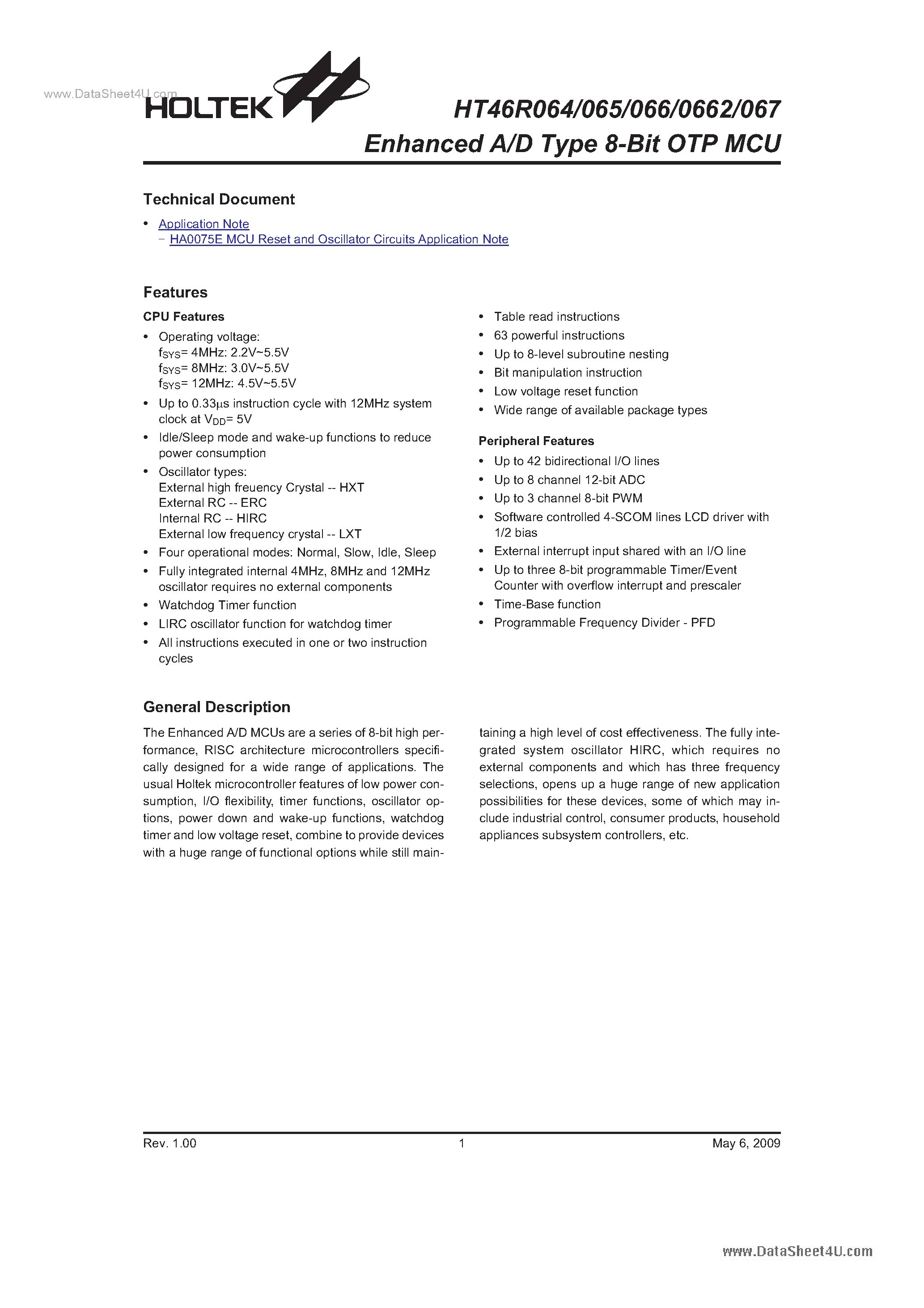 Даташит на микросхему HT46R064 страница 1 Даташит HT46R064 - (HT46R064 - HT46R067) Enhanced A/D Type 8-Bit OTP MCU страница 1