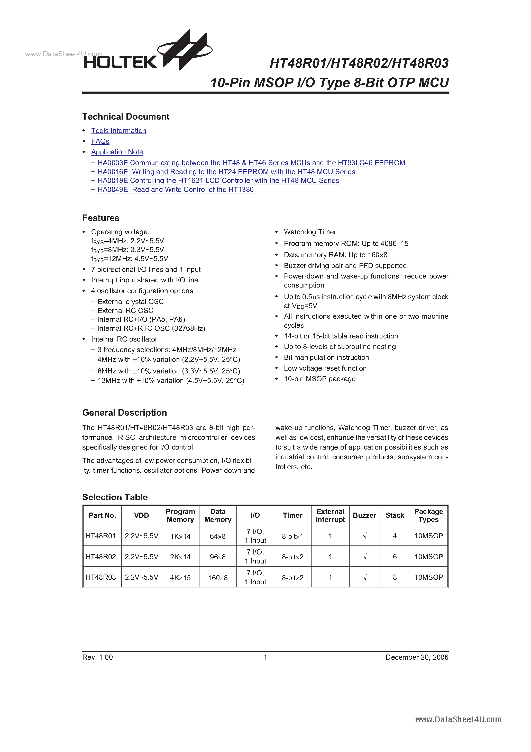 Datasheet HT48R01 - (HT48R01 - HT48R03) 10-Pin MSOP I/O Type 8-Bit OTP MCU page 1