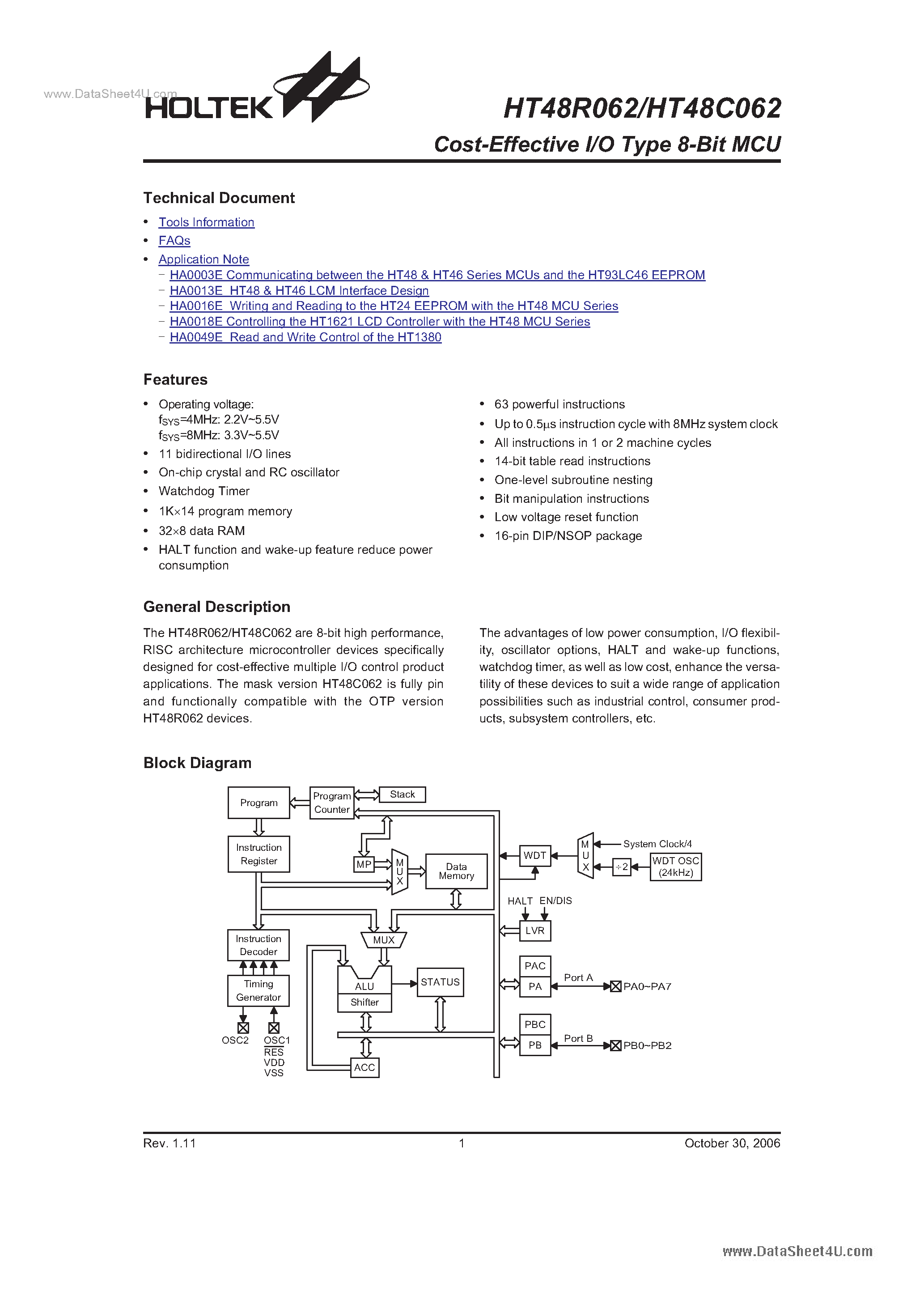 Datasheet HT48C062 - Cost-Effective I/O Type 8-Bit MCU page 1