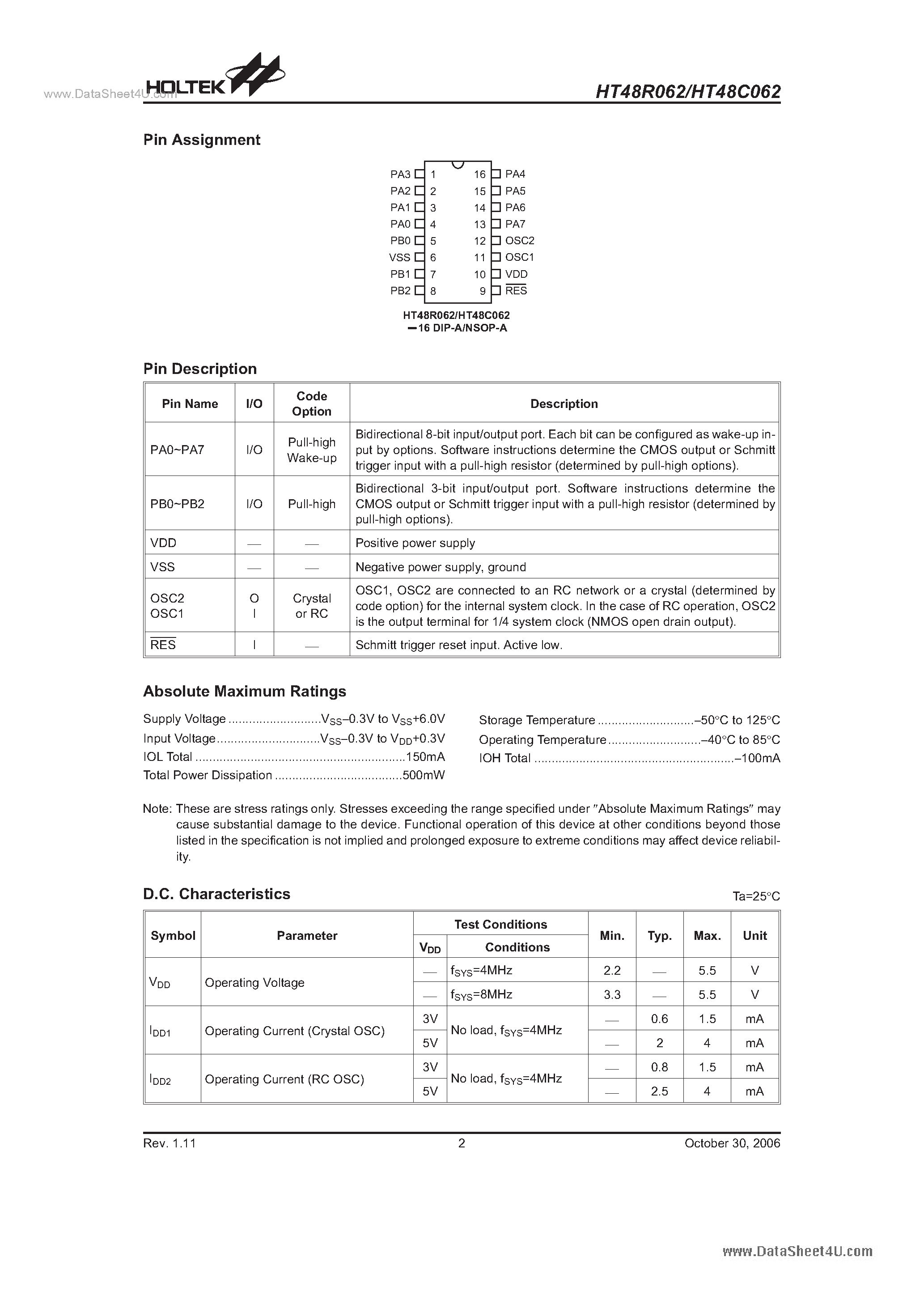 Datasheet HT48C062 - Cost-Effective I/O Type 8-Bit MCU page 2