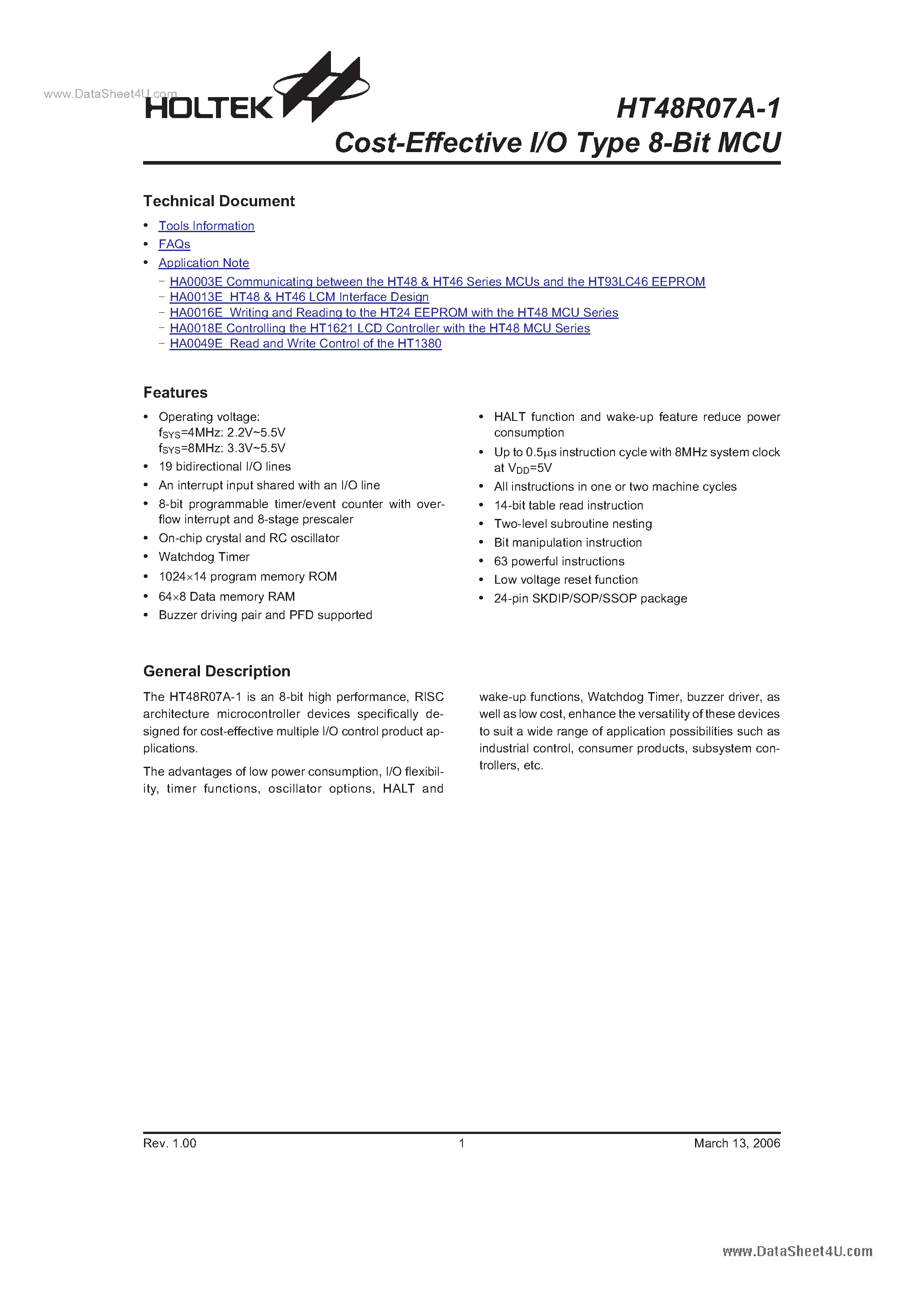 Datasheet HT48R07A-1 page 1 Datasheet HT48R07A-1 - Cost-Effective I/O Type 8-Bit MCU page 1
