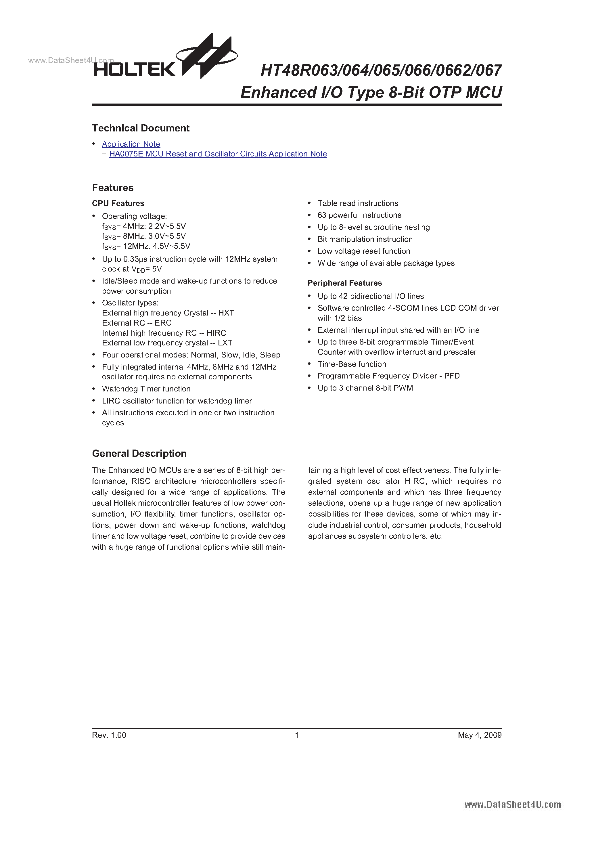 Datasheet HT48R063 - (HT48R063 - HT48R067) Enhanced I/O Type 8-Bit OTP MCU page 1
