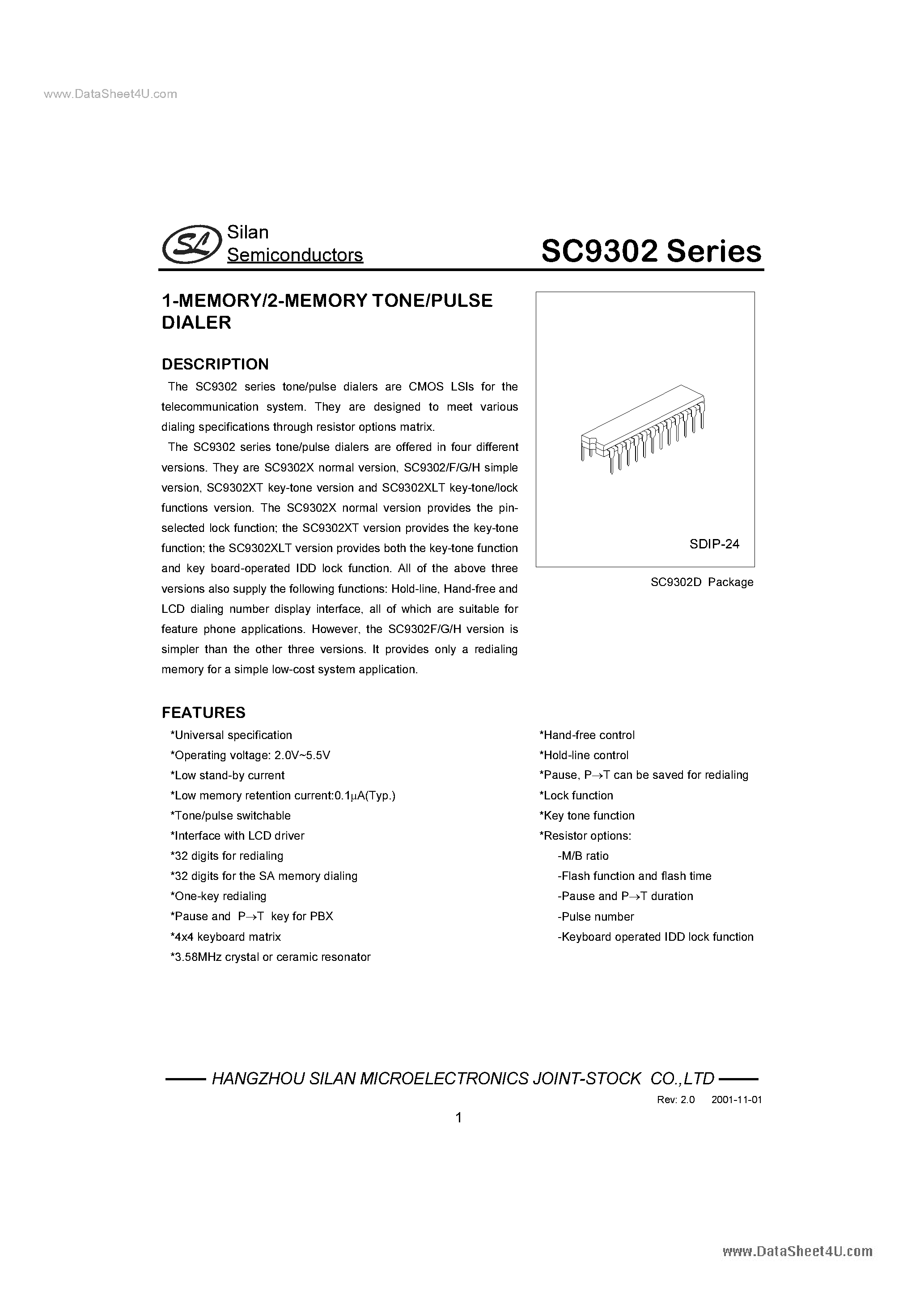 Datasheet SC9302 - 1-MEMORY/2-MEMORY TONE/PULSE DIALER page 1
