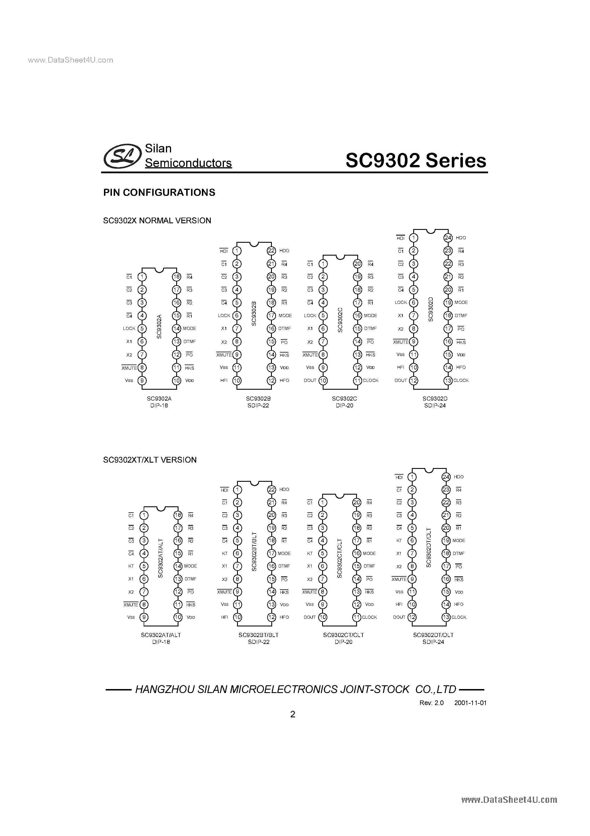 Datasheet SC9302 - 1-MEMORY/2-MEMORY TONE/PULSE DIALER page 2
