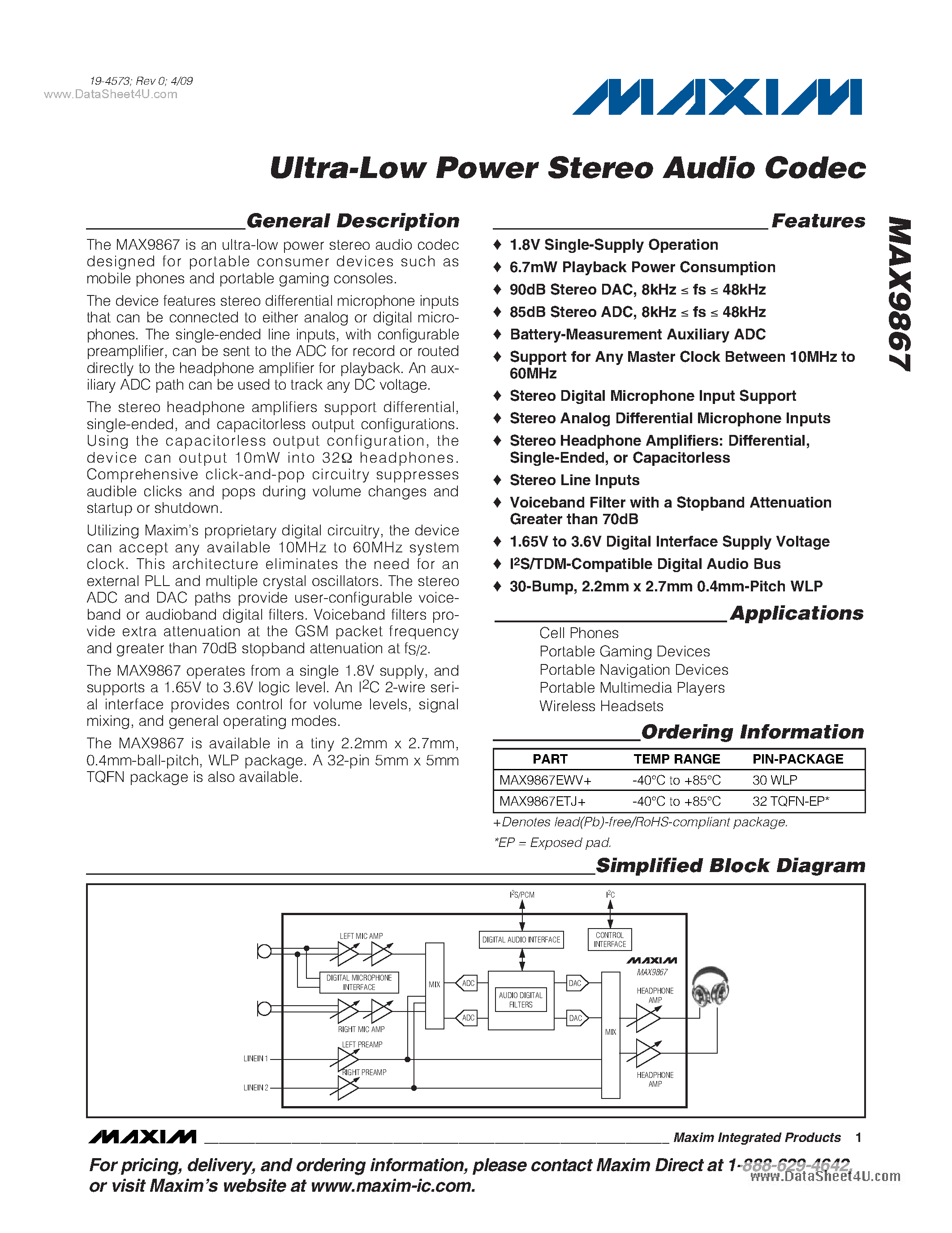 Даташит MAX9867 - Stereo Audio Codec страница 1