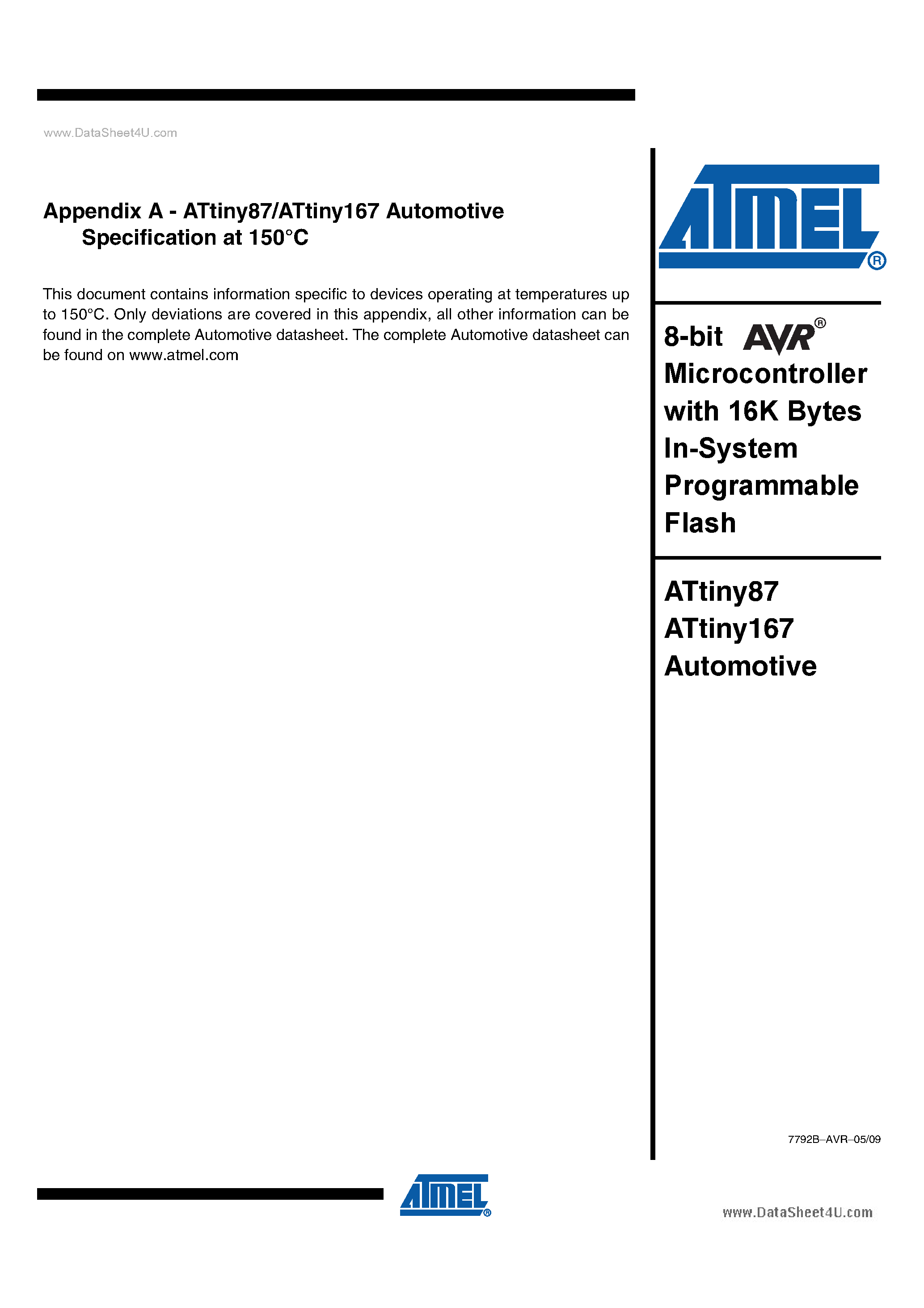 Даташит ATtiny167 - (ATtiny87 / ATtiny167) 8-Bit RISC страница 1
