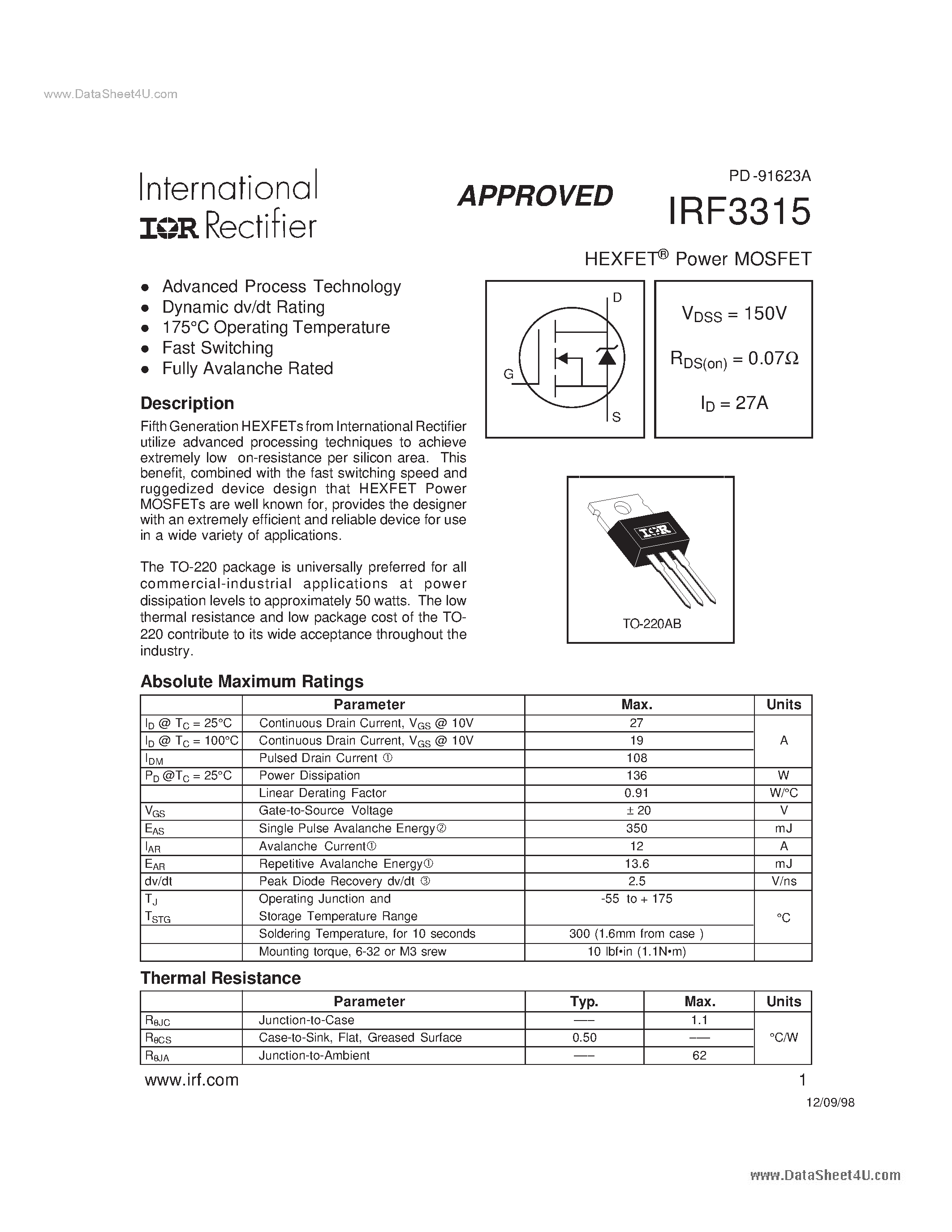 Datasheet F3315 - Search -----> IRF3315 page 1