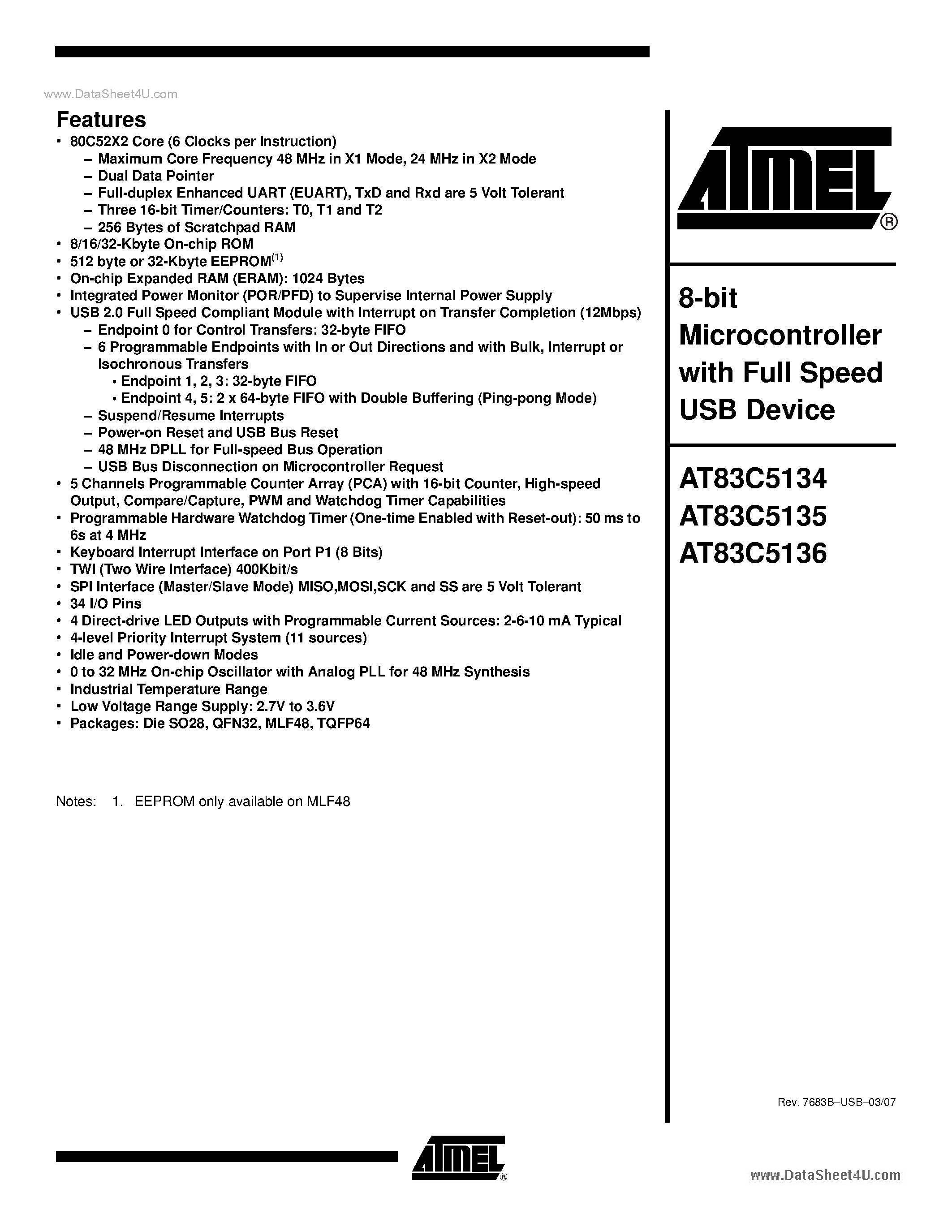 Datasheet AT83EC5134 - (AT83EC5134 - AT83EC5136) 8-bit Microcontroller page 1