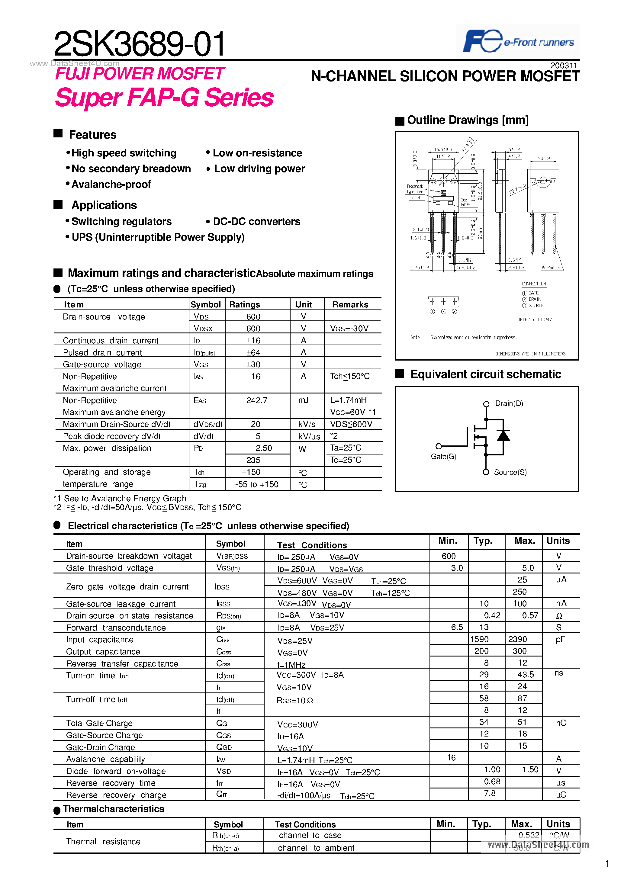 Datasheet 2SK3689-01 - N-CHANNEL SILICON POWER MOSFET page 1