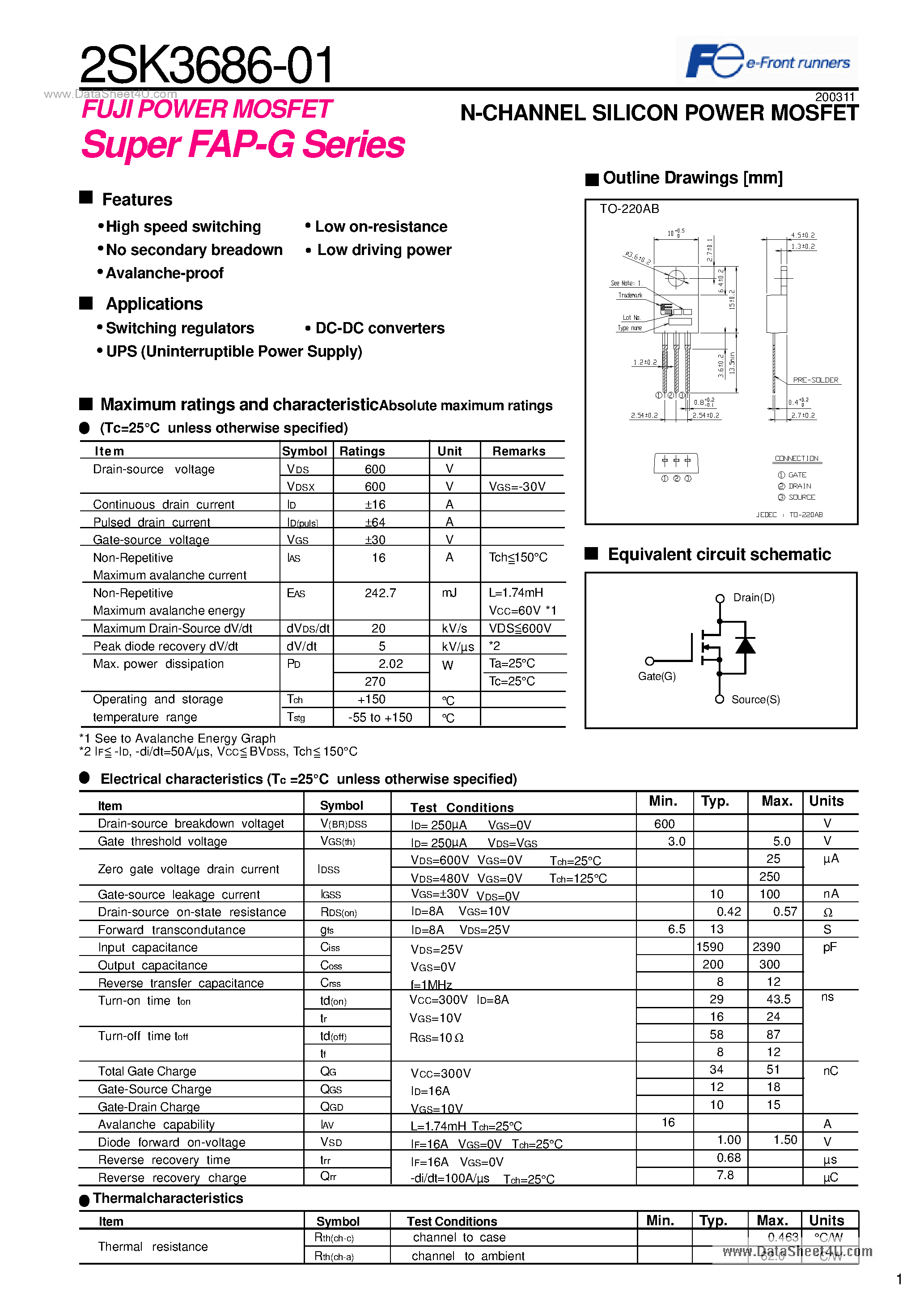 Datasheet 2SK3686-01 - N-CHANNEL SILICON POWER MOSFET page 1