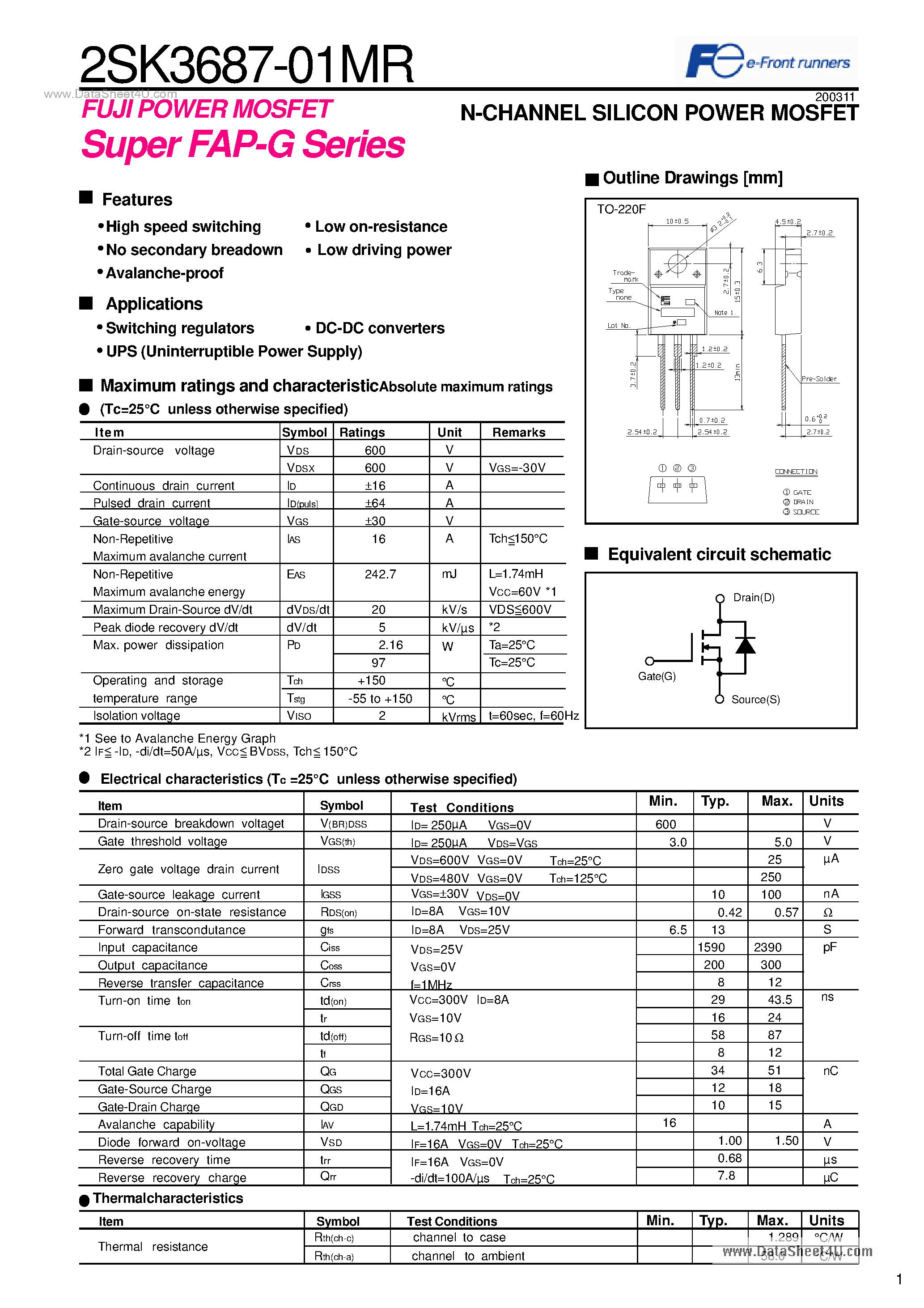 Даташит на микросхему 2SK3687-01MR страница 1 Даташит 2SK3687-01MR - N-CHANNEL SILICON POWER MOSFET Super FAP-G Series страница 1
