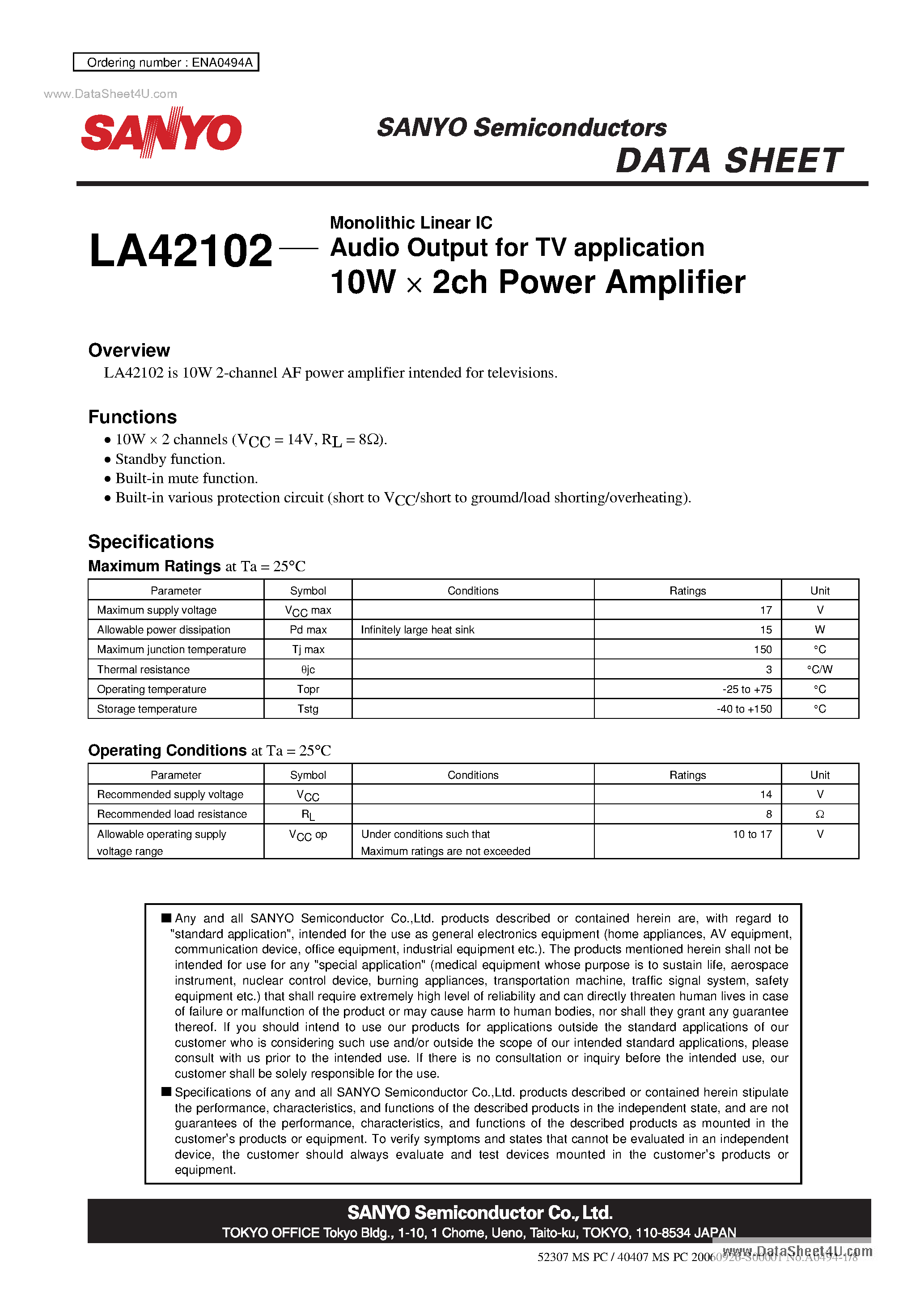 Даташит на микросхему LA42102 страница 1 Даташит LA42102 - Monolithic Linear IC Audio Output страница 1