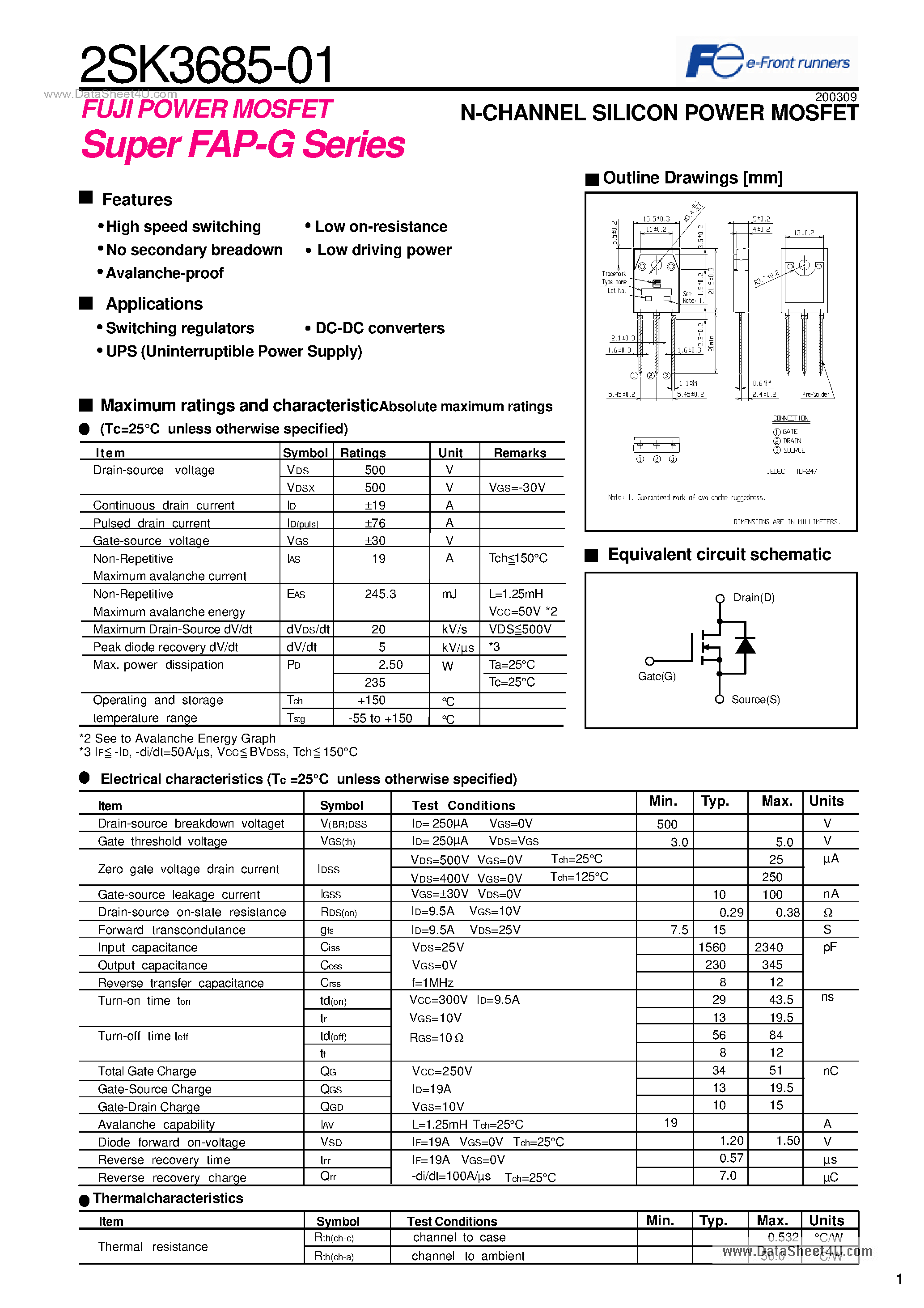 Datasheet 2SK3685-01 - POWER MOSFET N-CHANNEL SILICON POWER MOSFET page 1