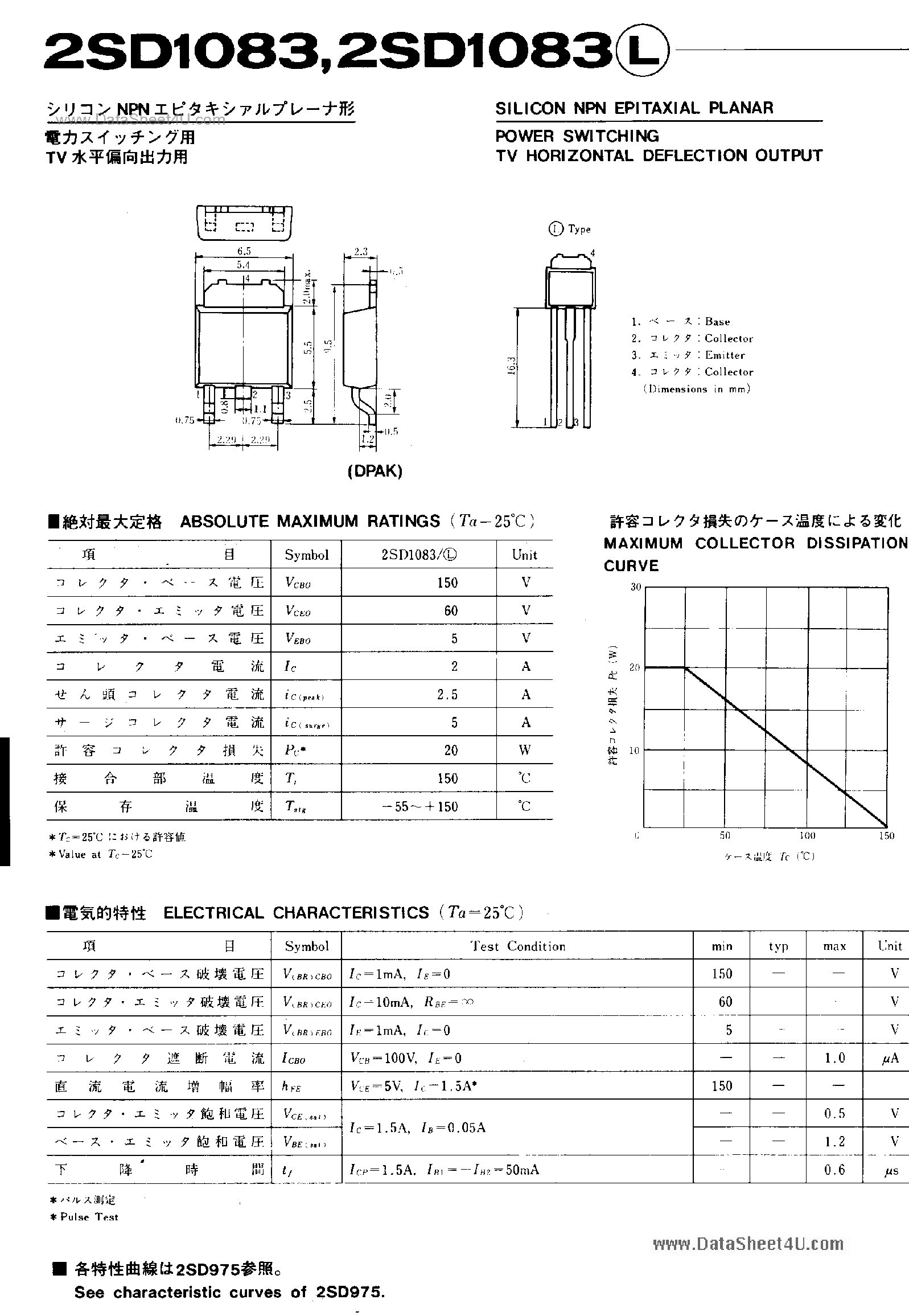 Даташит на микросхему 2SD1083 страница 1 Даташит 2SD1083 - SILICON NPN EPITAXIAL PLANAR POWER SWITCHING TV HORIZONTAL DEFLECTION OUTPUT страница 1