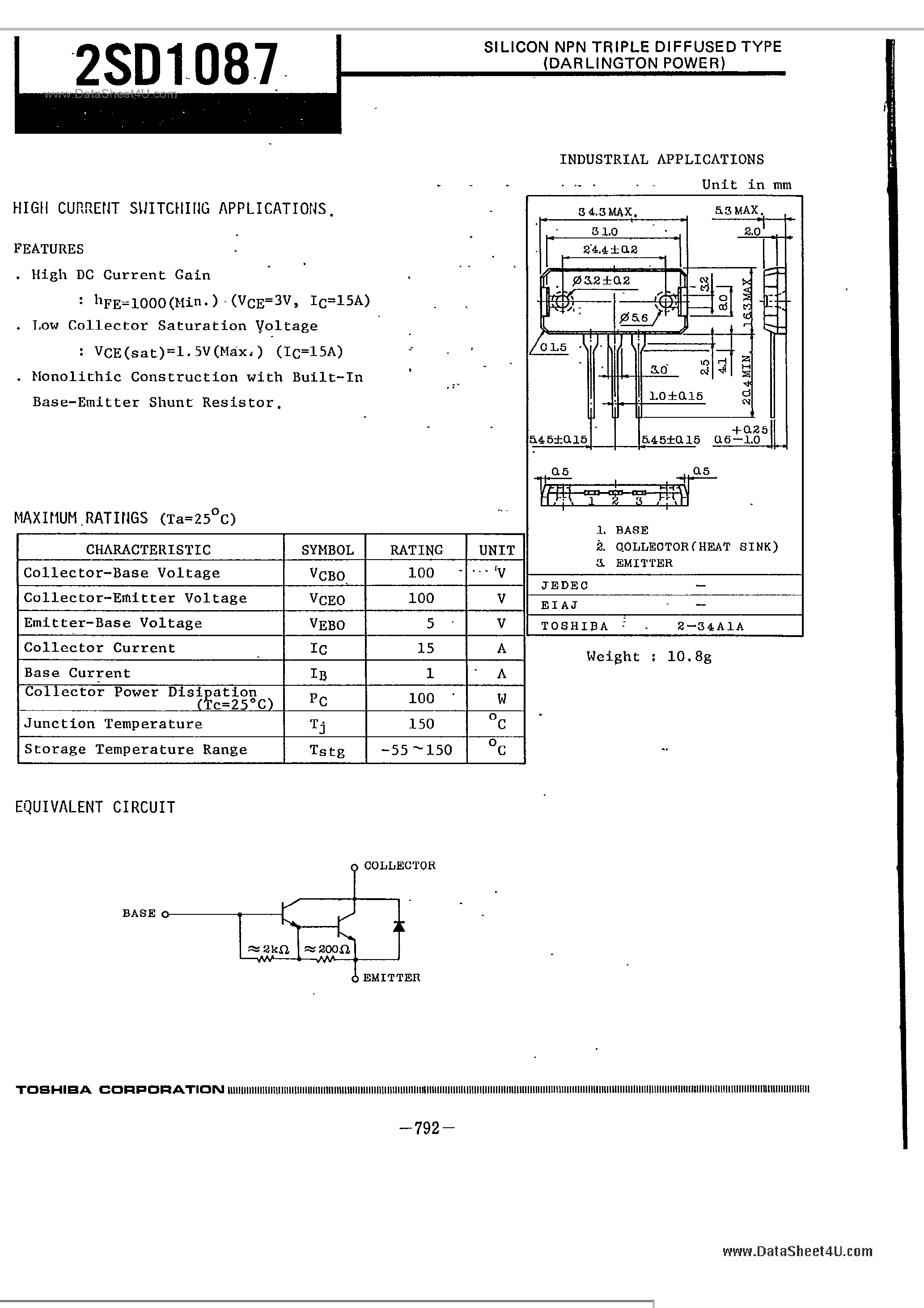 Даташит 2SD1087 - Silicon NPN Triple Diffused Darlington Power Transistor страница 1