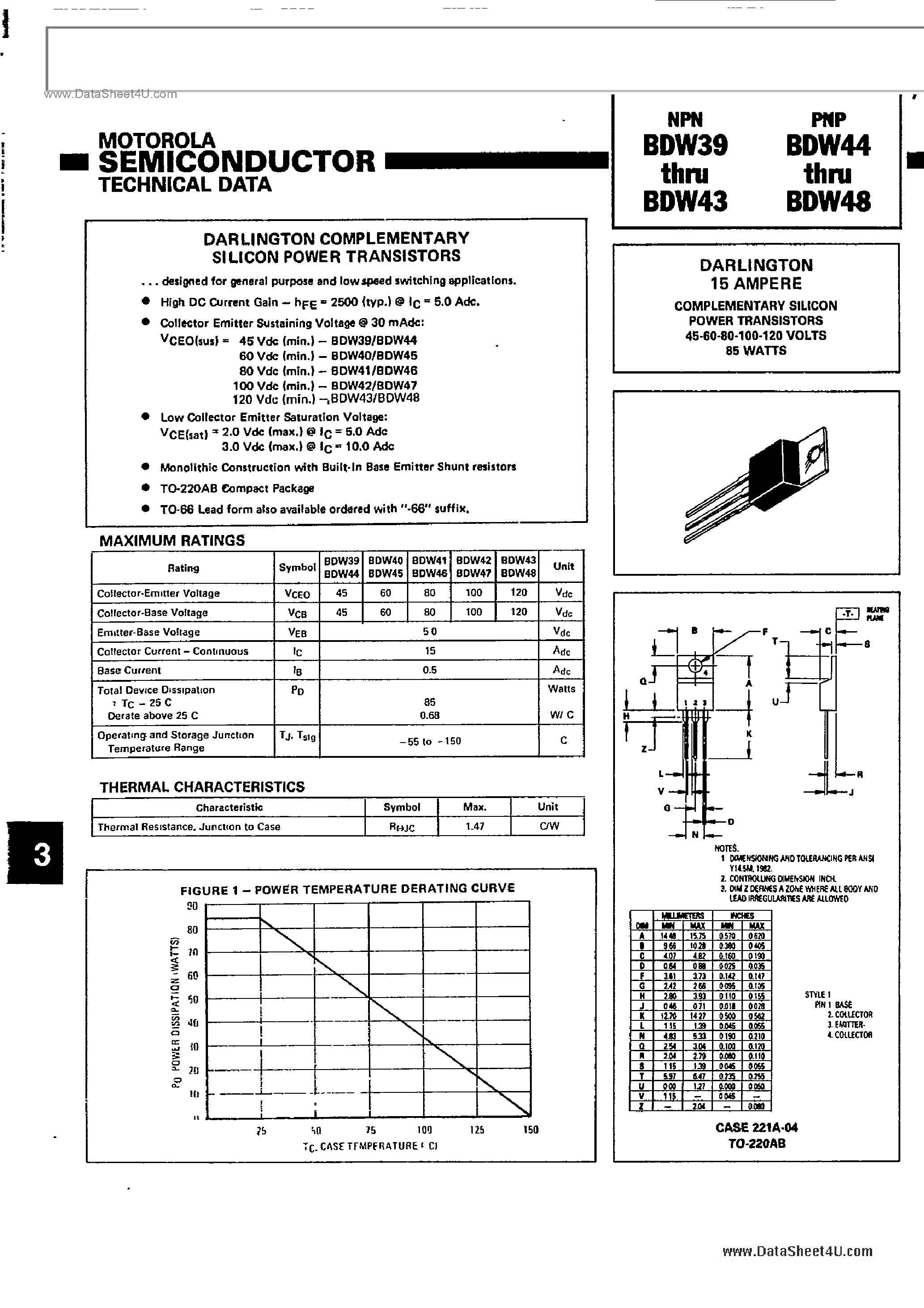 Datasheet BDW39 - (BDW39 - BDW48) DARLINGTON COMPLEMENTARY SILICON POWER TRANSISTORS page 1