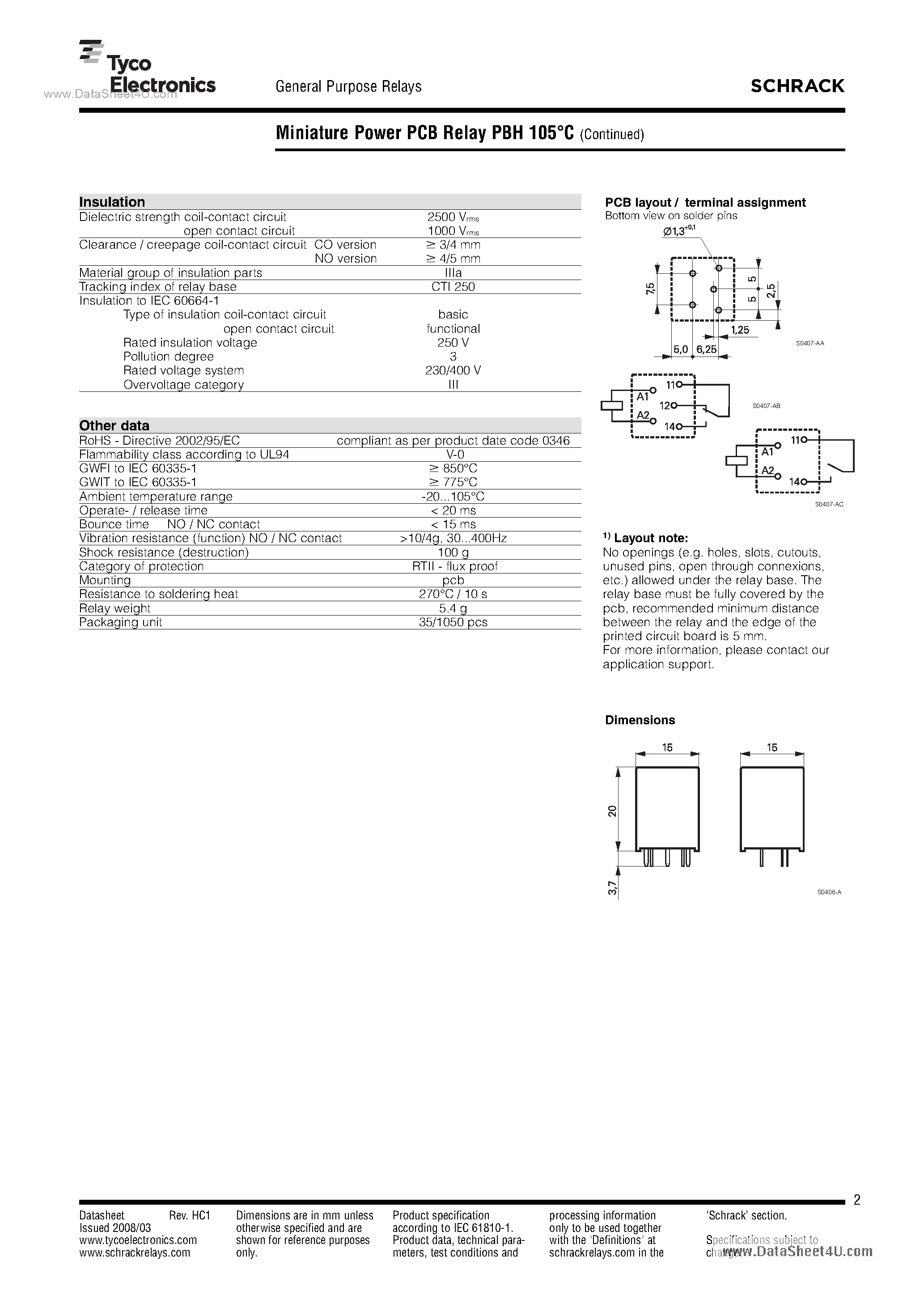 Datasheet PBH14005 - Miniature Power PCB Relay page 2