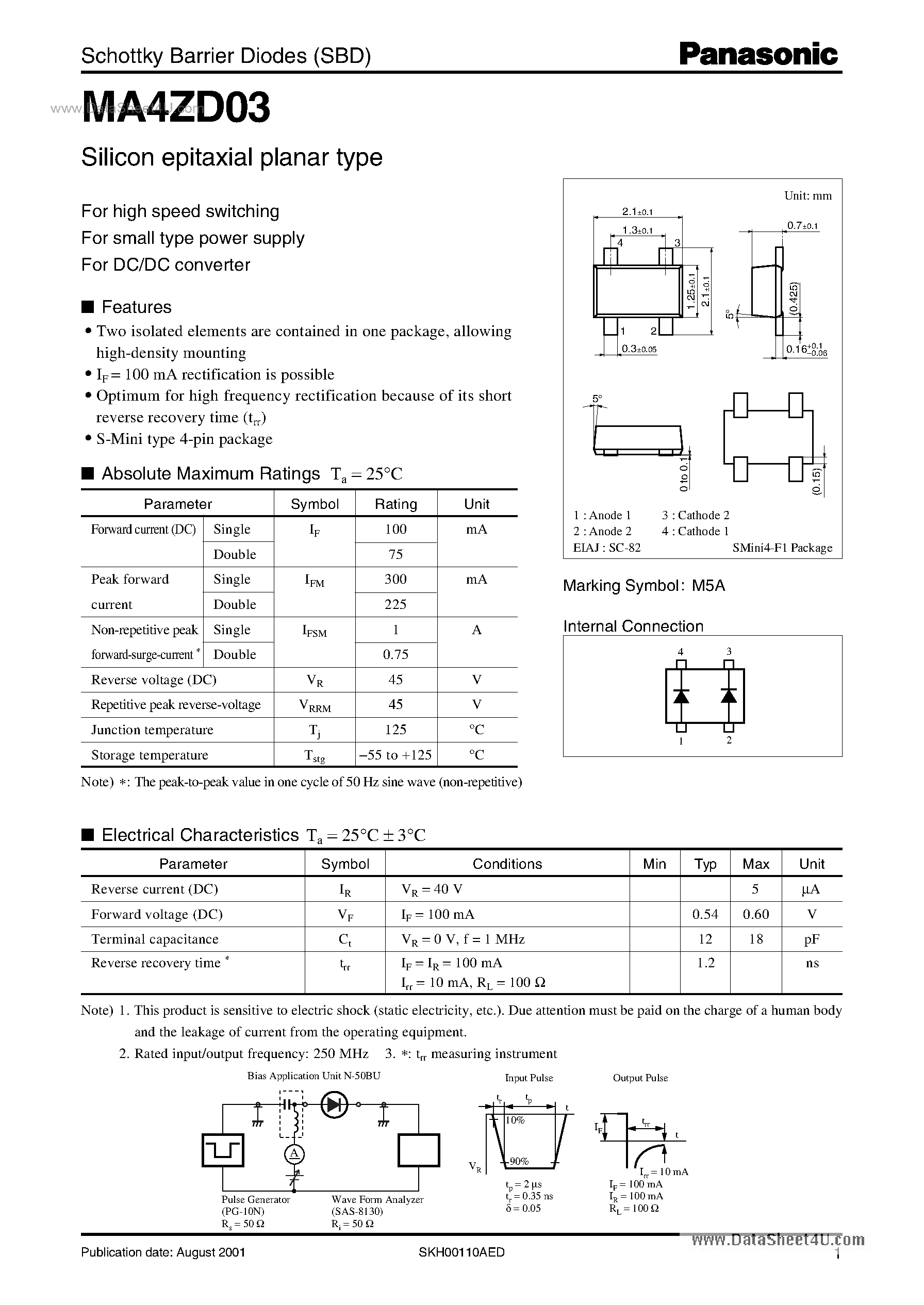 Даташит MA4ZD03 - Schottky Barrier Diodes (SBD) Silicon epitaxial planar type страница 1